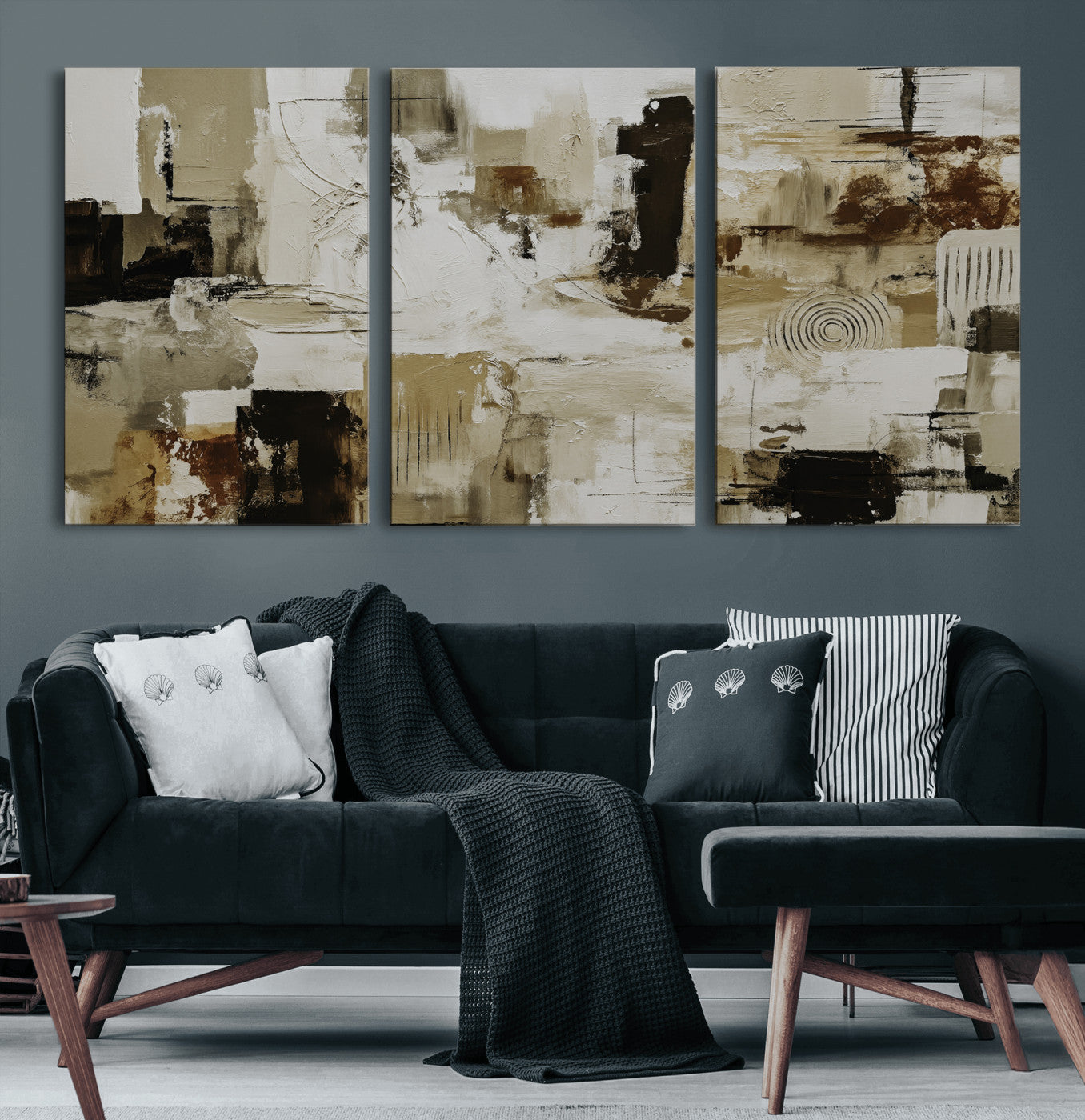 26560159-MGV-CV-36X24 - Blue Teal Abstract Canvas Wall Art, Modern Textured Painting Print, Navy Orange White Contemporary Art, Neutral Living Room Decor, Office Art