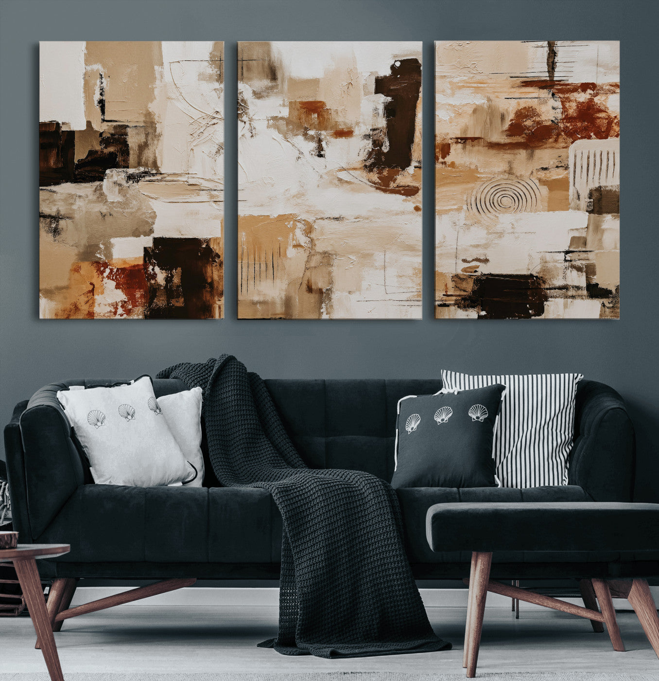 26560159-MGV-CV-36X24 - Blue Teal Abstract Canvas Wall Art, Modern Textured Painting Print, Navy Orange White Contemporary Art, Neutral Living Room Decor, Office Art