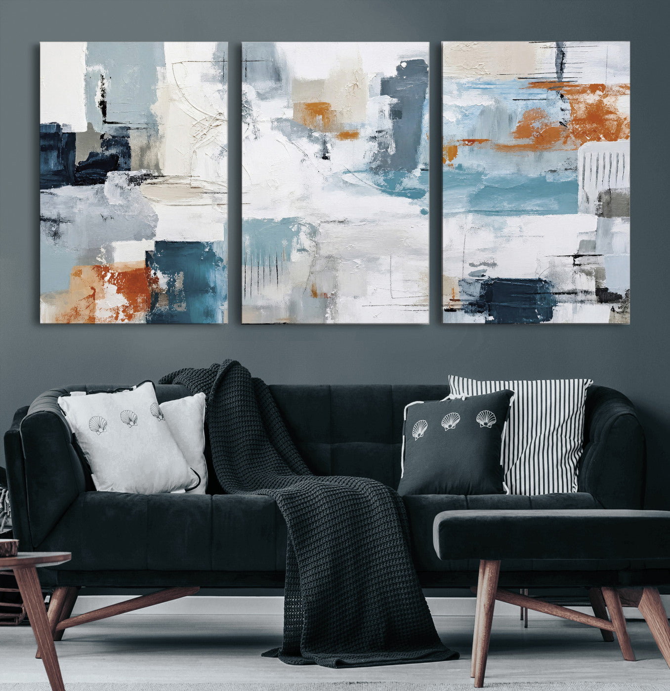 98638479-MGV-CV-36X24 - Blue Teal Abstract Canvas Wall Art, Modern Textured Painting Print, Navy Orange White Contemporary Art, Neutral Living Room Decor, Office Art