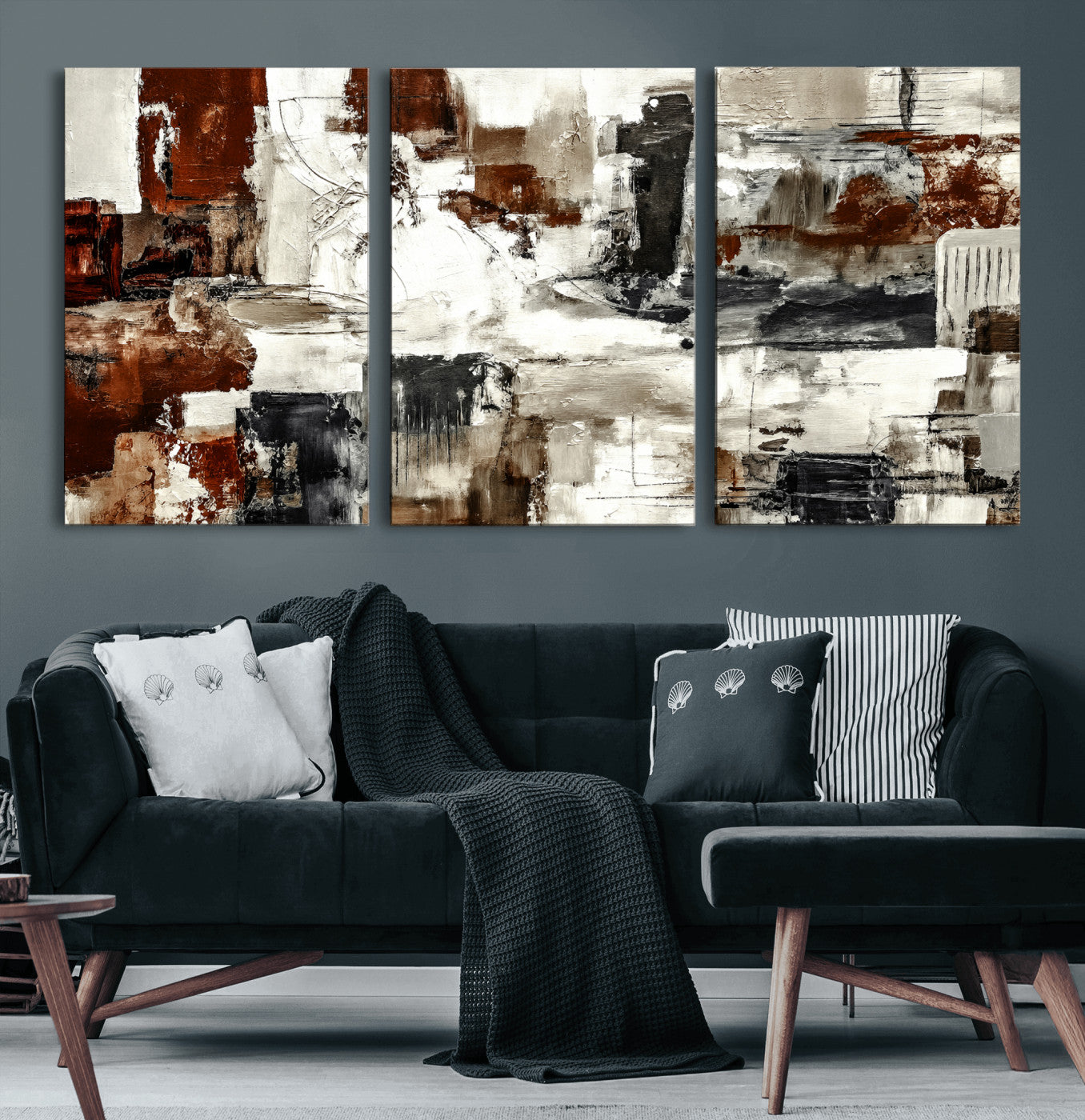 53022468-MGV-CV-36X24 - Blue Teal Abstract Canvas Wall Art, Modern Textured Painting Print, Navy Orange White Contemporary Art, Neutral Living Room Decor, Office Art