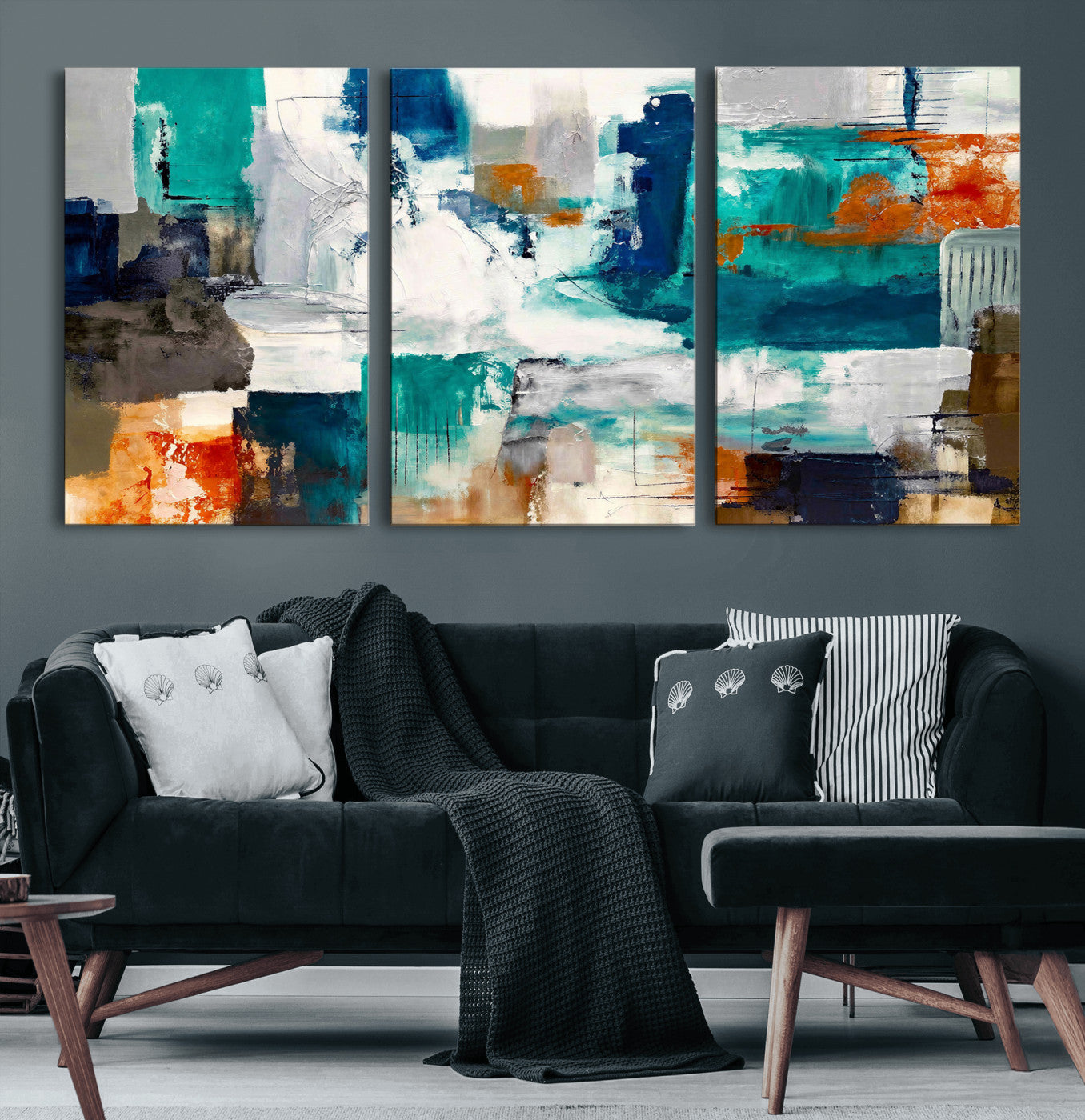 44038089-MGV-CV-36X24 - Blue Teal Abstract Canvas Wall Art, Modern Textured Painting Print, Navy Orange White Contemporary Art, Neutral Living Room Decor, Office Art