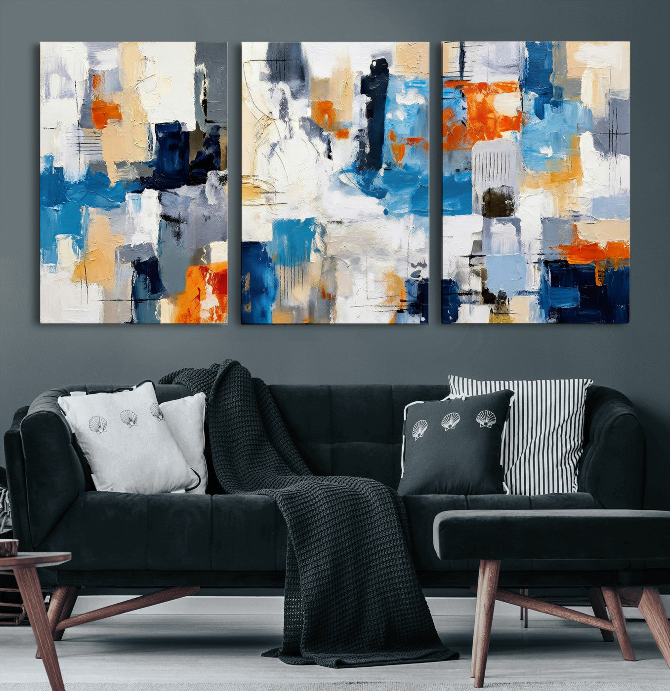83915061-MGV-CV-36X24 - Blue Teal Abstract Canvas Wall Art, Modern Textured Painting Print, Navy Orange White Contemporary Art, Neutral Living Room Decor, Office Art