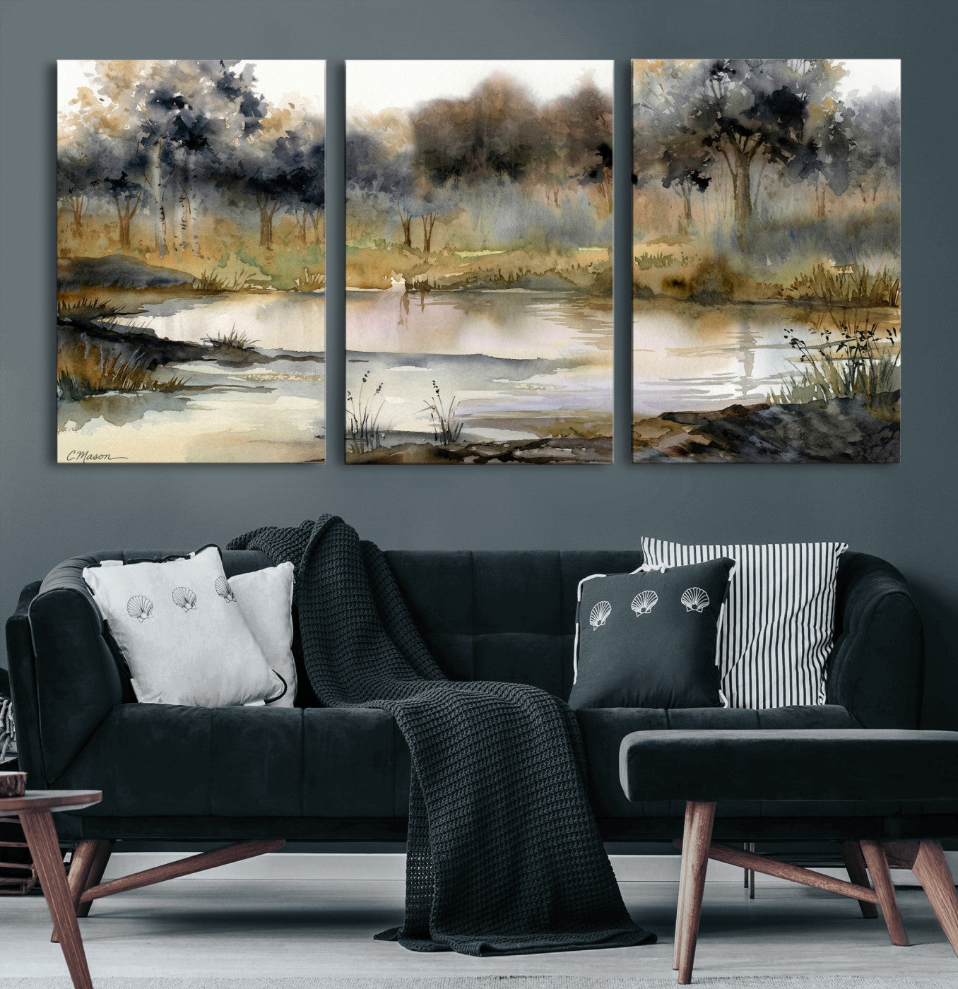 27383609-MGV-CV-36X24 - Abstract WatercolorAutumn Lake Canvas Wall Art Print, Misty Forest Landscape, Rustic Nature Painting, Cabin Wall Decor, Ready to Hang