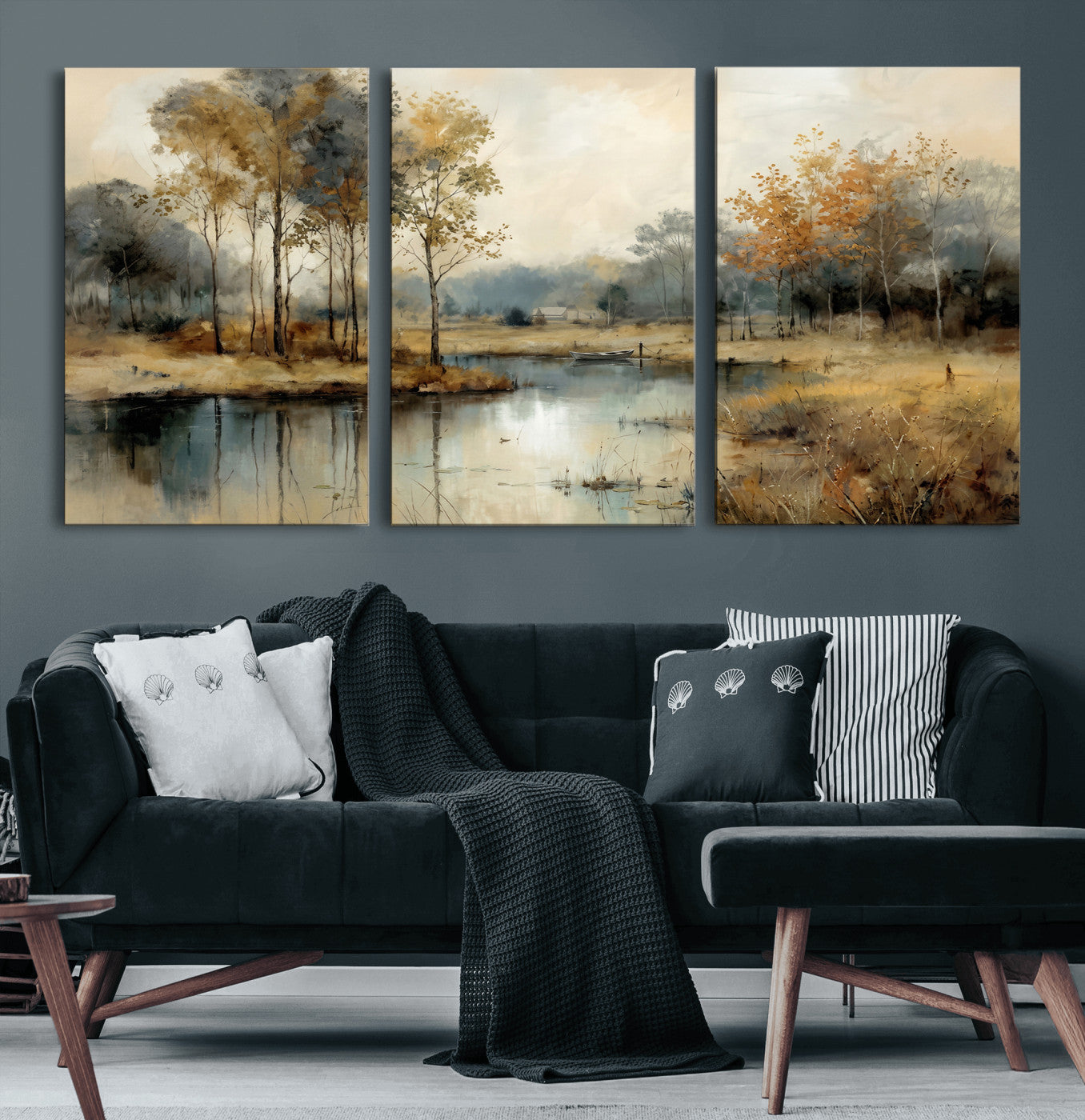 74391095-MGV-CV-36X24 - Abstract WatercolorAutumn Lake Canvas Wall Art Print, Misty Forest Landscape, Rustic Nature Painting, Cabin Wall Decor, Ready to Hang