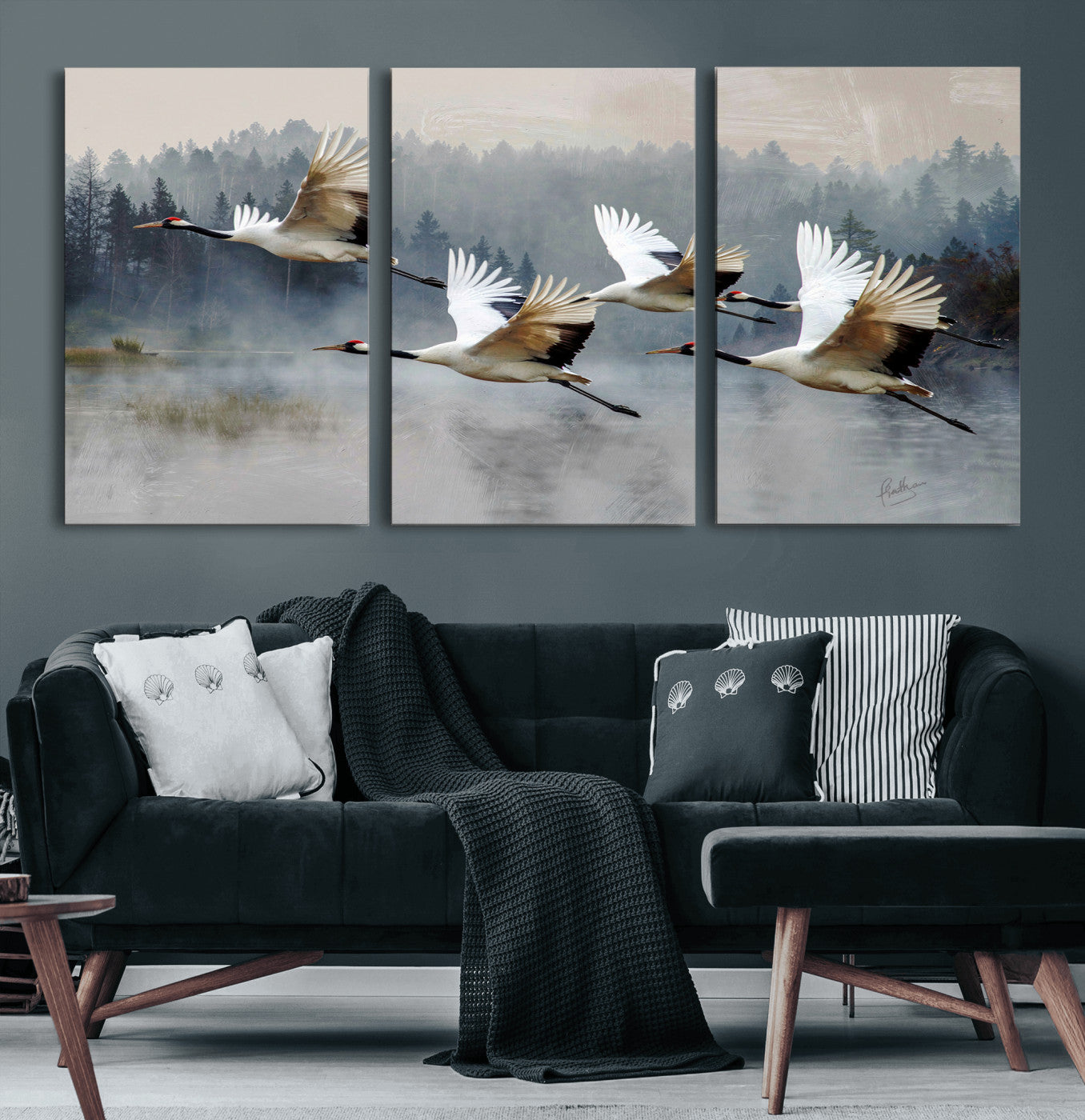 24356826-MGV-CV-36X24 - Flying Crane Canvas Wall Art Print, White Crane Bird Artwork, Wildlife Nature Decor, Lake Landscape Canvas - Ready to Hang