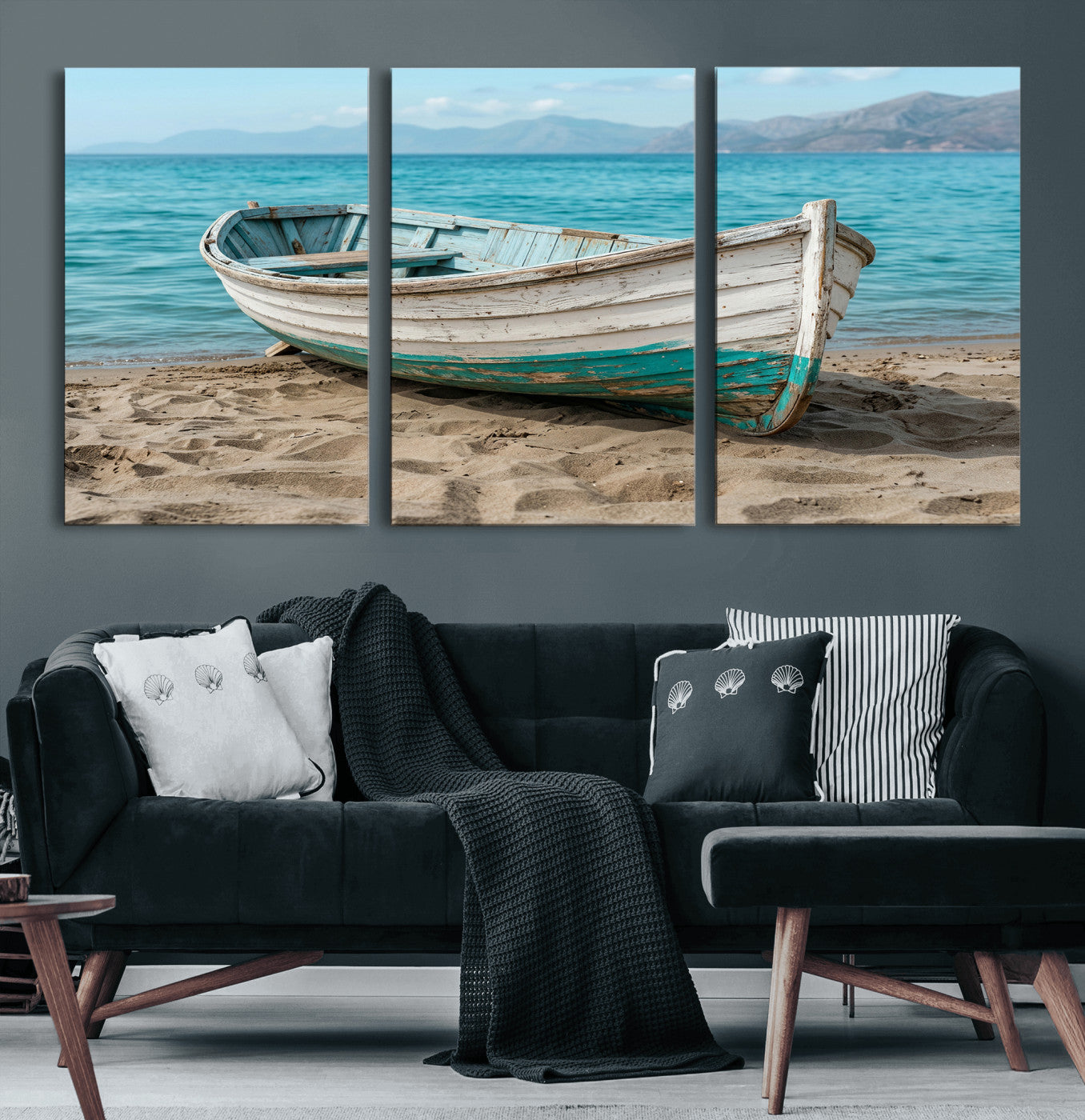 49963709-MGV-CV-36X24 - Coastal Boat Canvas Wall Art Print, Beach Boat Painting, Nautical Ocean Decor, Seascape Wall Art - Ready to Hang