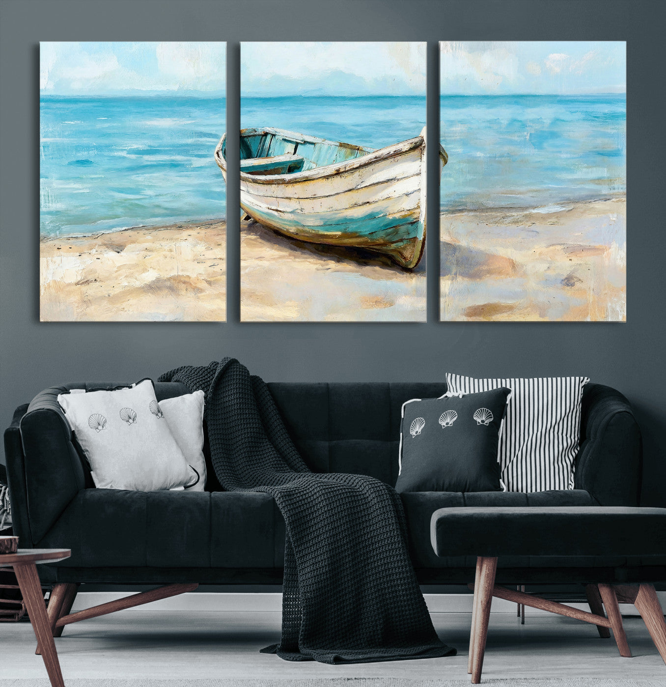 14780565-MGV-CV-36X24 - Coastal Boat Canvas Wall Art Print, Beach Boat Painting, Nautical Ocean Decor, Seascape Wall Art - Ready to Hang