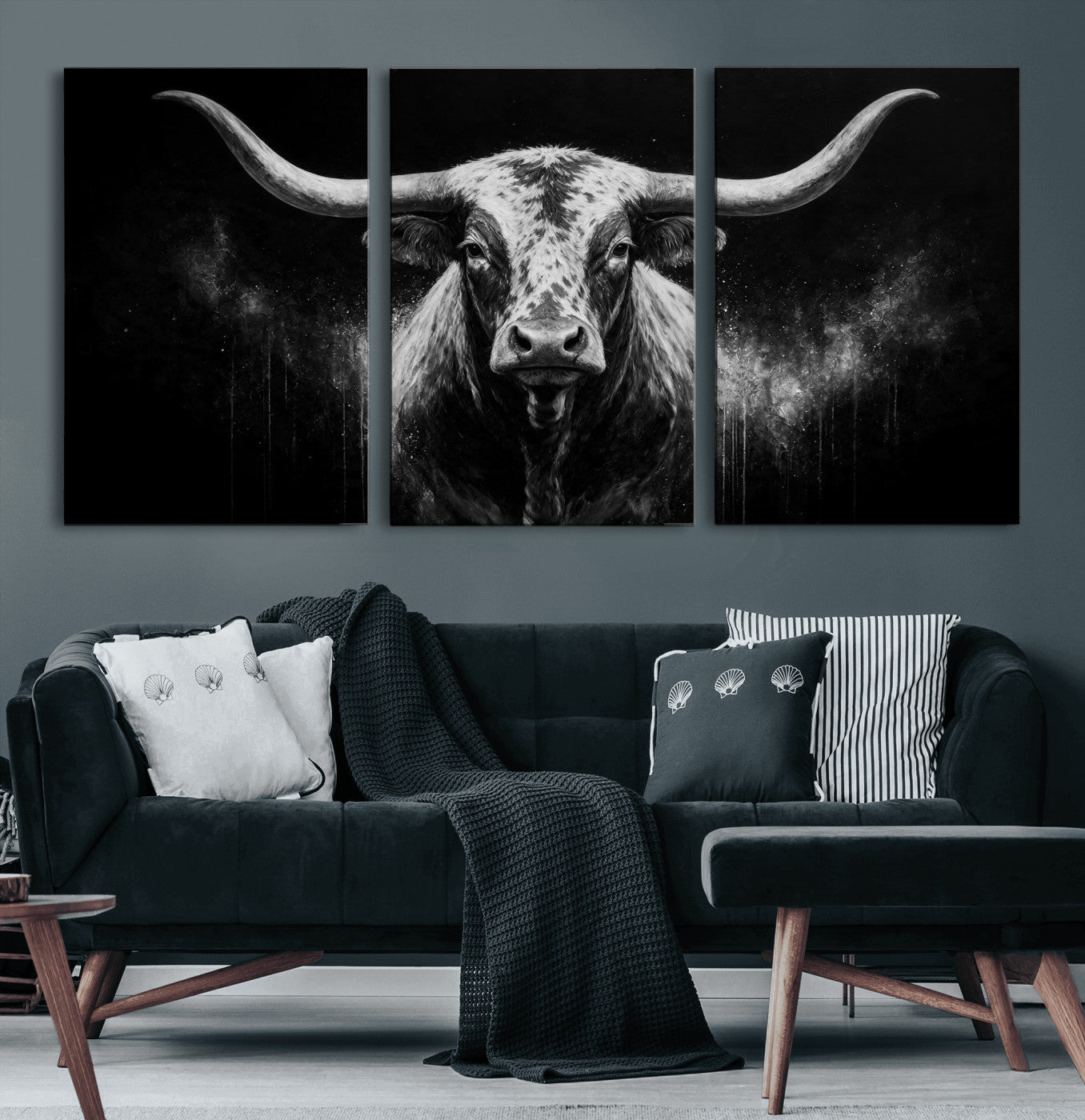 29671077-MGV-CV-60X30-3P - Texas Bull Cow Longhorn Canvas Wall Art Moody Western Bull Oil Painting Print