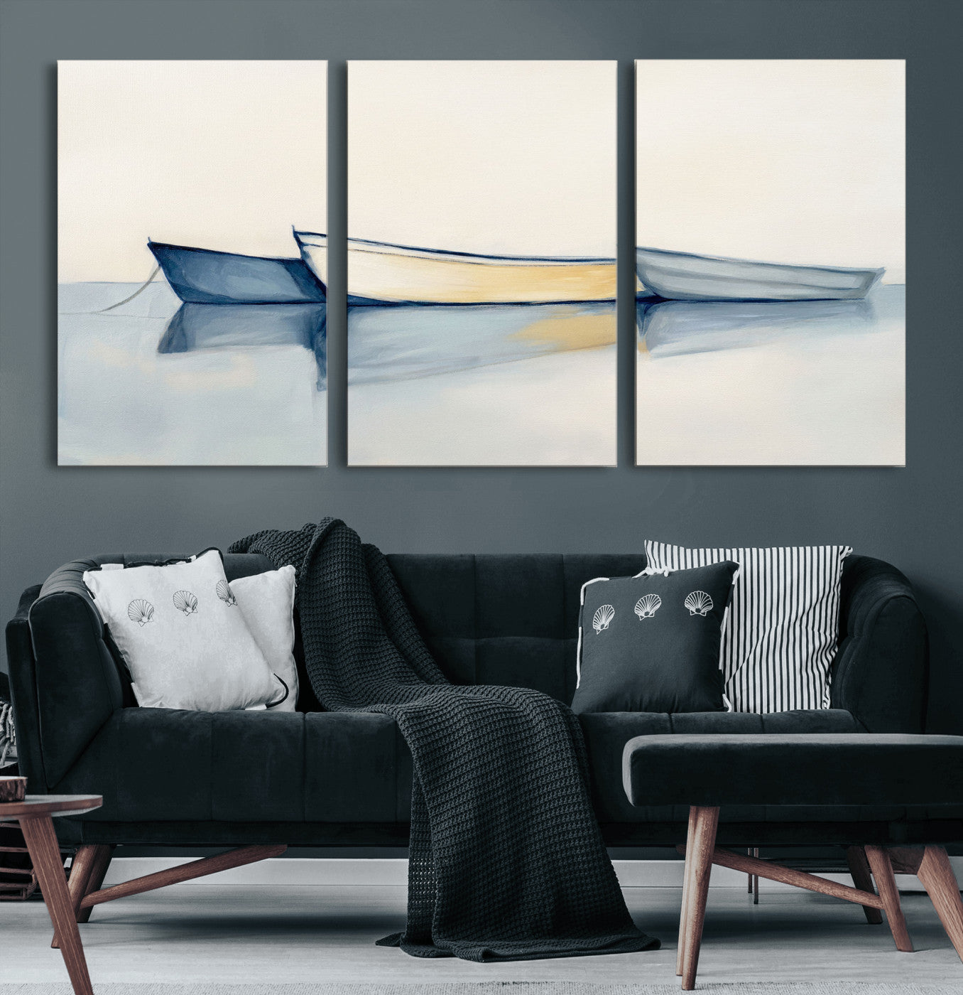 84017361-MGV-CV-36X24 - Abstract Three Boats Reflecting on Water Wall Art Canvas Print - Minimalist Coastal Seascape