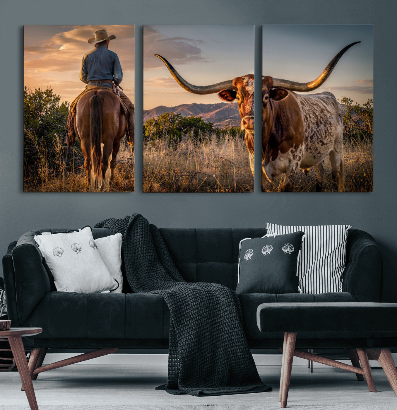 62076449-MGV-CV-60X30-3P - Texas Cow Bull Longhorn Cowboy Western Wall Art Decor for Farmhouse