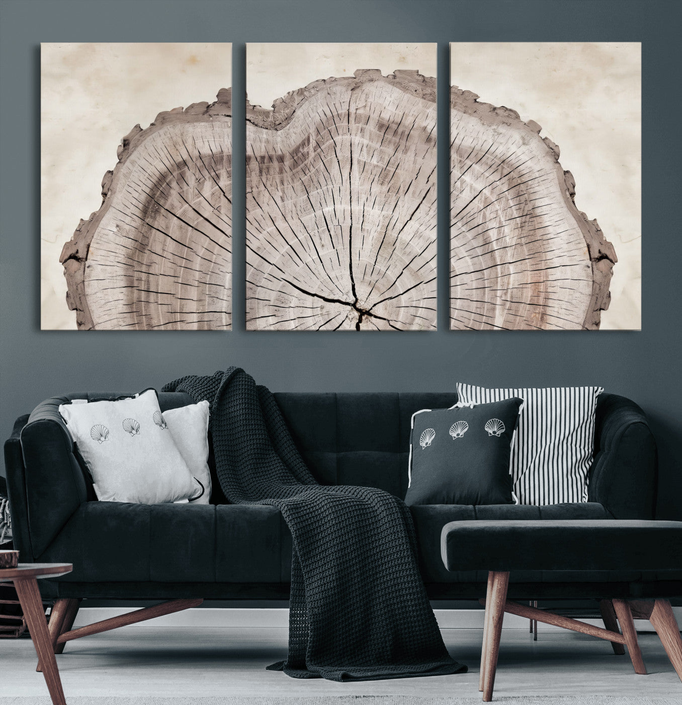 87833480-MGV-CV-60X30-3P - Tree Ring Canvas Wall Art in Neutral Earth Tones, Framed Wood Slice Print for Rustic and Japandi Interiors