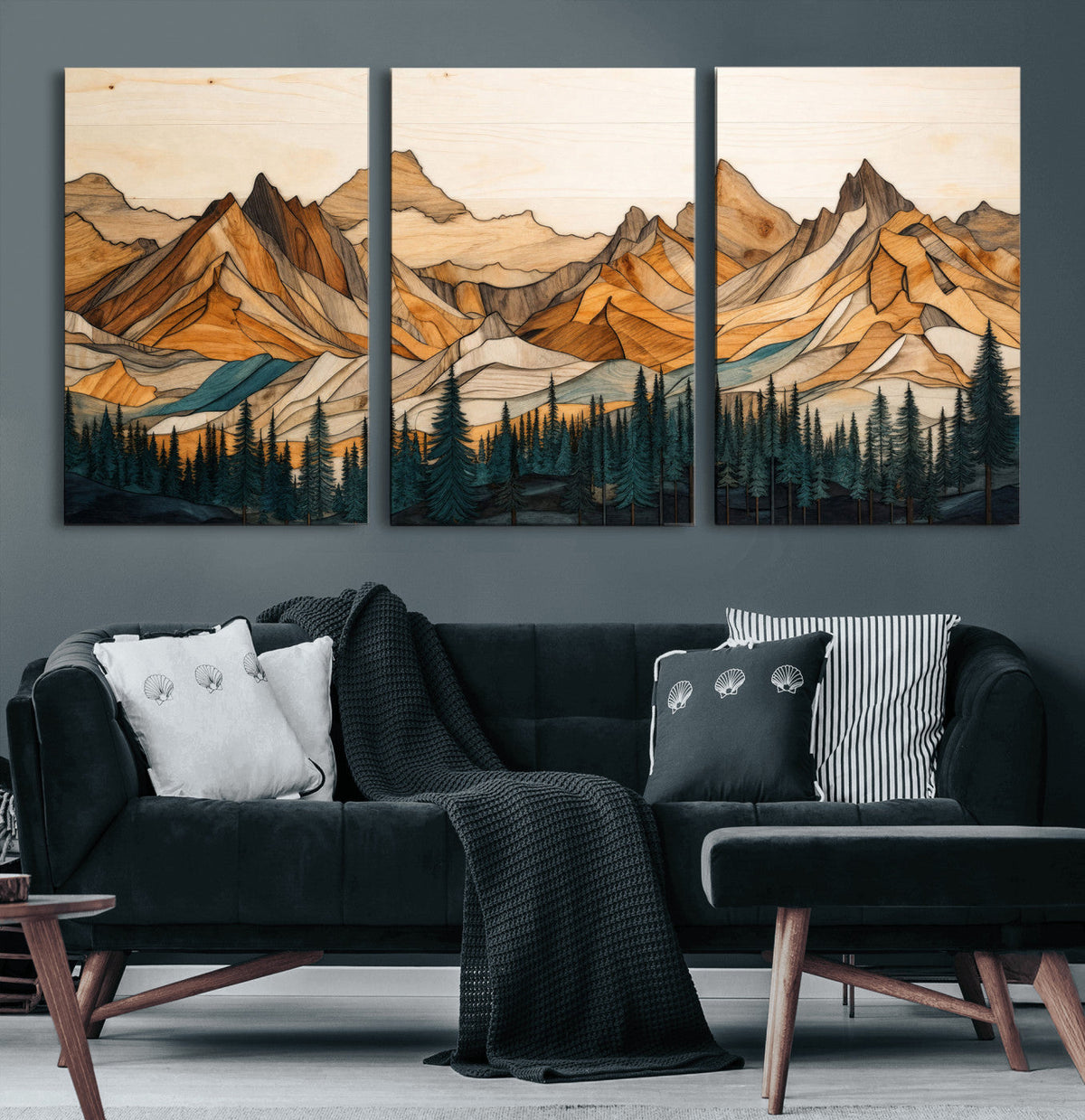 57384313-MGV-CV-48X32-3P - Mountain Landscape Canvas Wall Art with Wood Grain Effect, Golden Peaks and Teal Pine Forest, Framed Cabin Decor