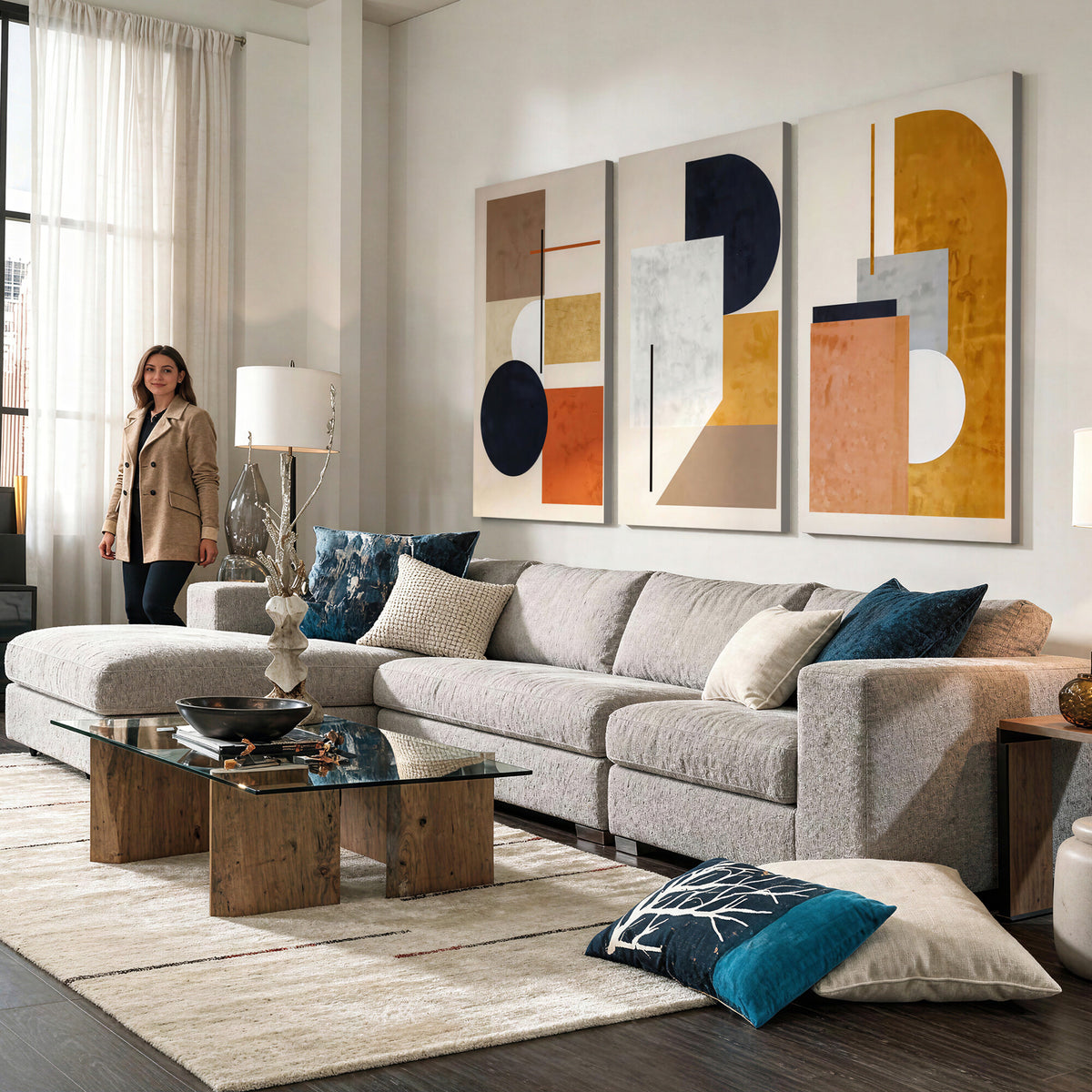 87361249-MGV-CV-48X32-3P - Mid Century Modern Geometric Canvas Wall Art, Abstract Triptych Print