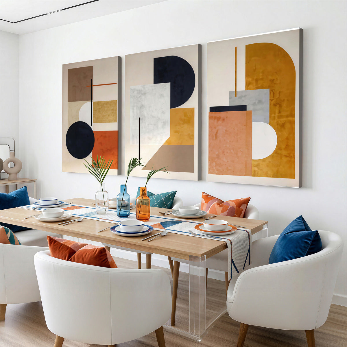 87361249-MGV-CV-48X32-3P - Mid Century Modern Geometric Canvas Wall Art, Abstract Triptych Print