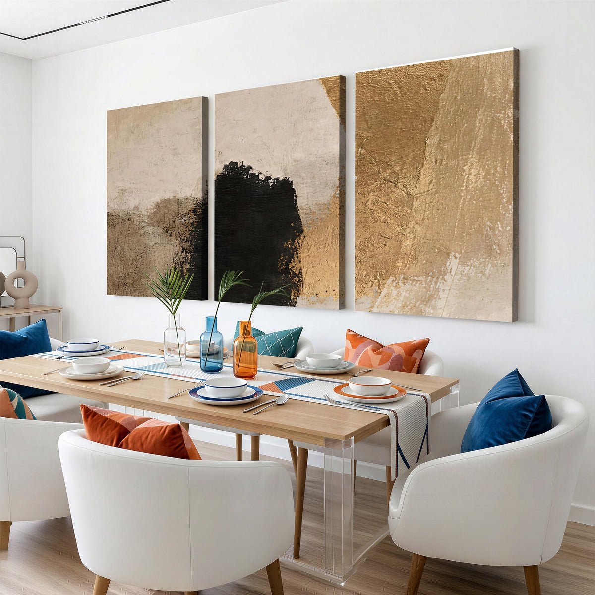 36003778-MGV-CV-48X32-3P - Mid Century Modern Geometric Canvas Wall Art, Abstract Triptych Print