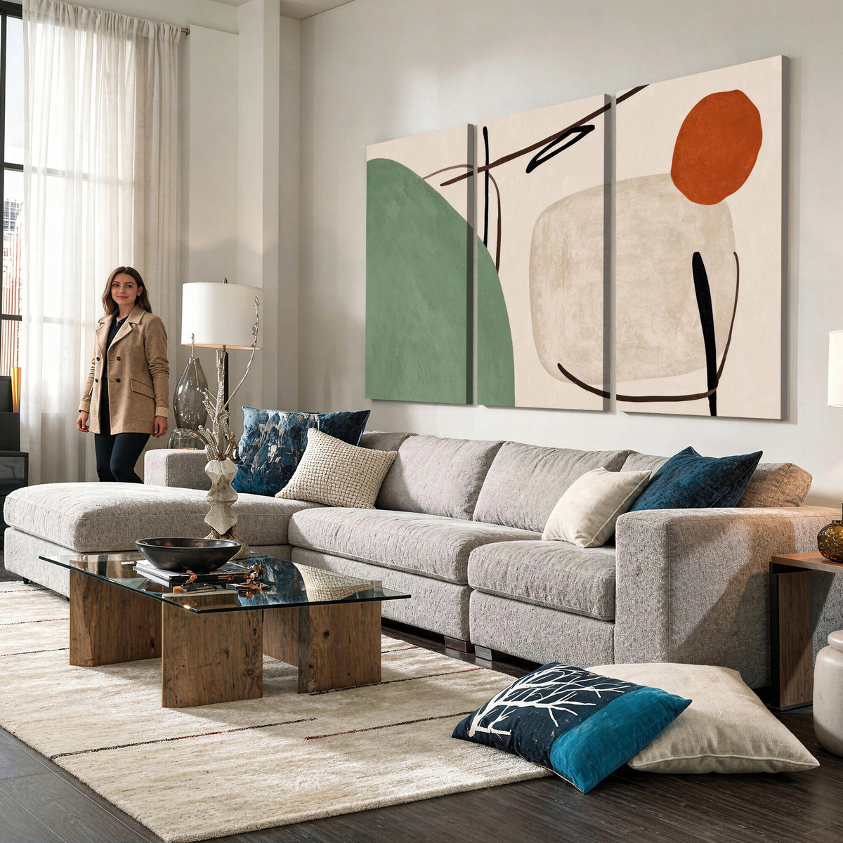46798824-MGV-CV-48X32-3P - Mid Century Modern Geometric Canvas Wall Art, Abstract Triptych Print