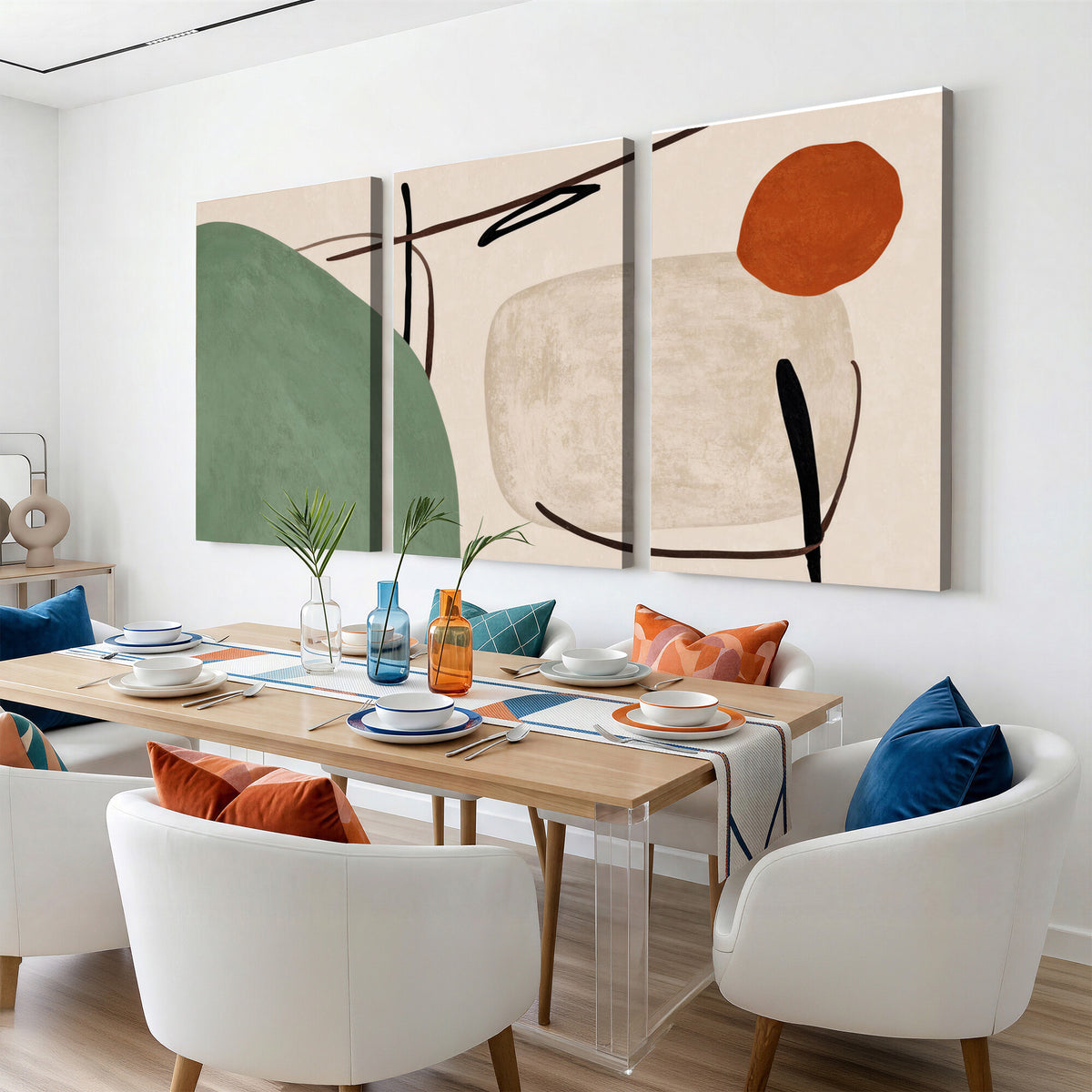 46798824-MGV-CV-48X32-3P - Mid Century Modern Geometric Canvas Wall Art, Abstract Triptych Print