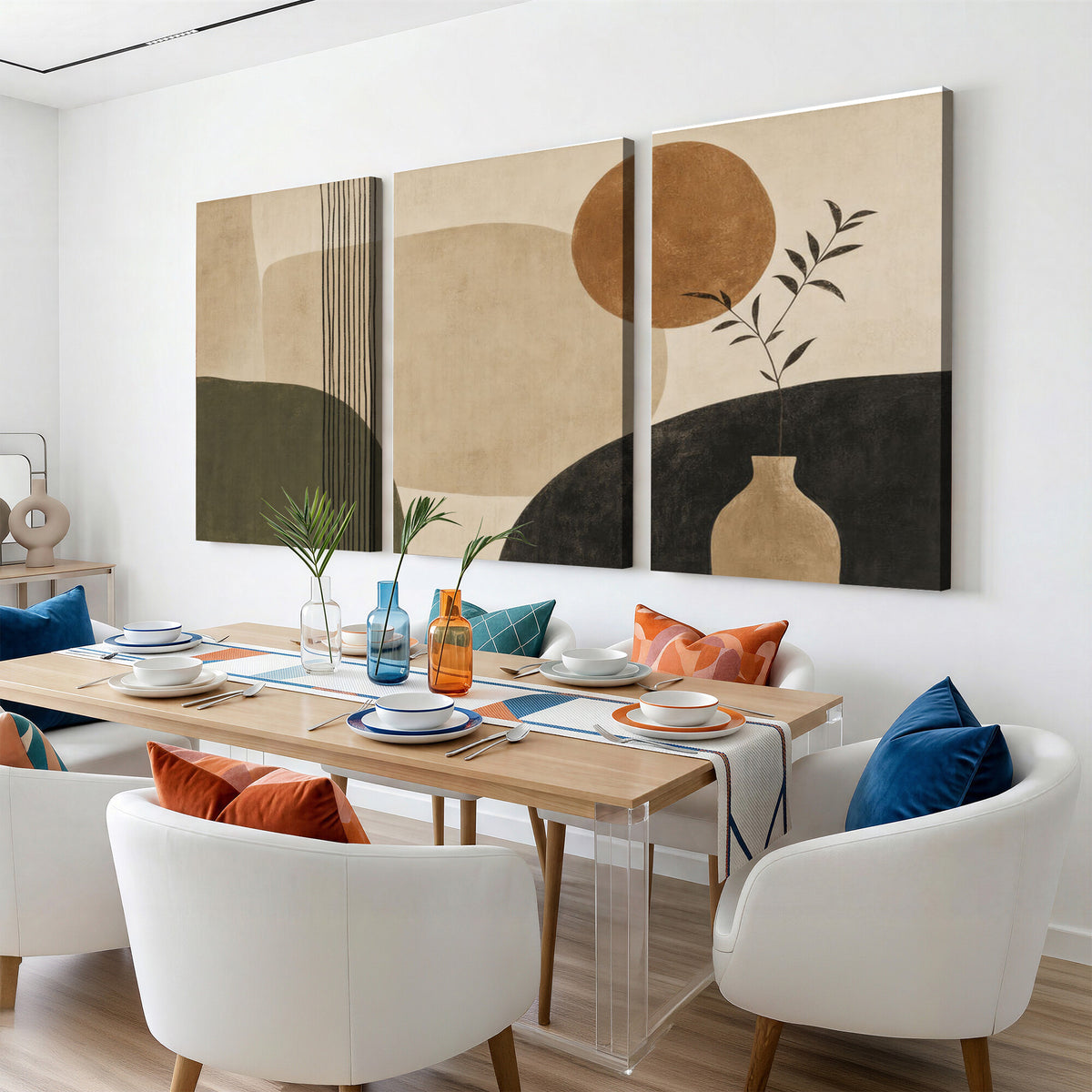 85289499-MGV-CV-60X30-3P - Boho Abstract Sun Canvas Wall Art, Minimalist Sage Green Botanical Print