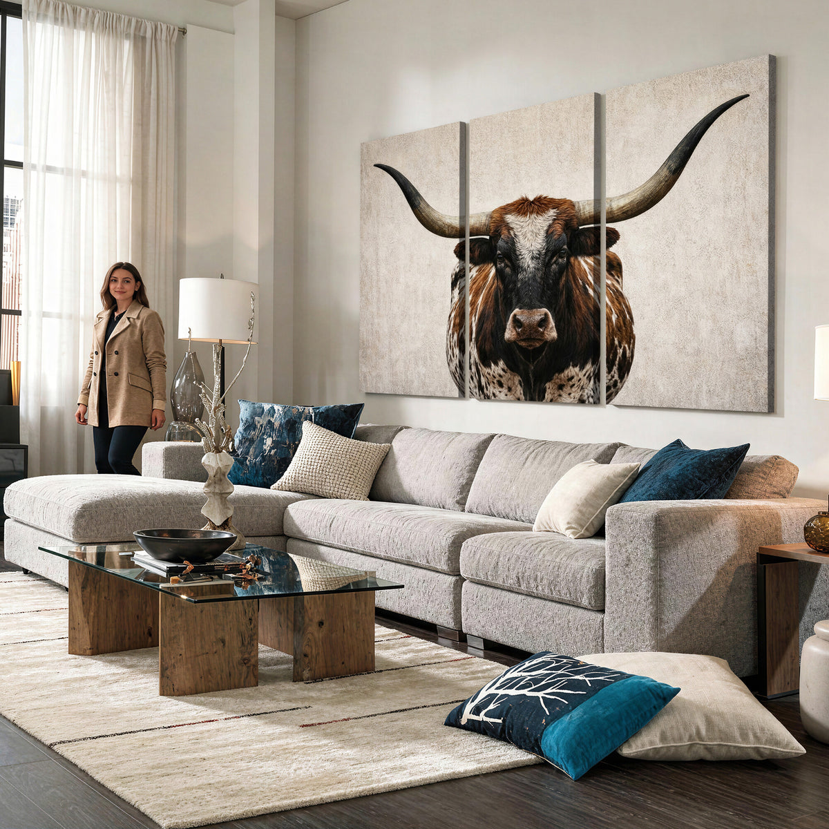 58622065-MGV-CV-36X24 - Texas Longhorn Canvas Wall Art Western Bull Desert Moody Grey Overcast Rustic Farmhouse Framed Large for Living Room Bedroom Office Decor