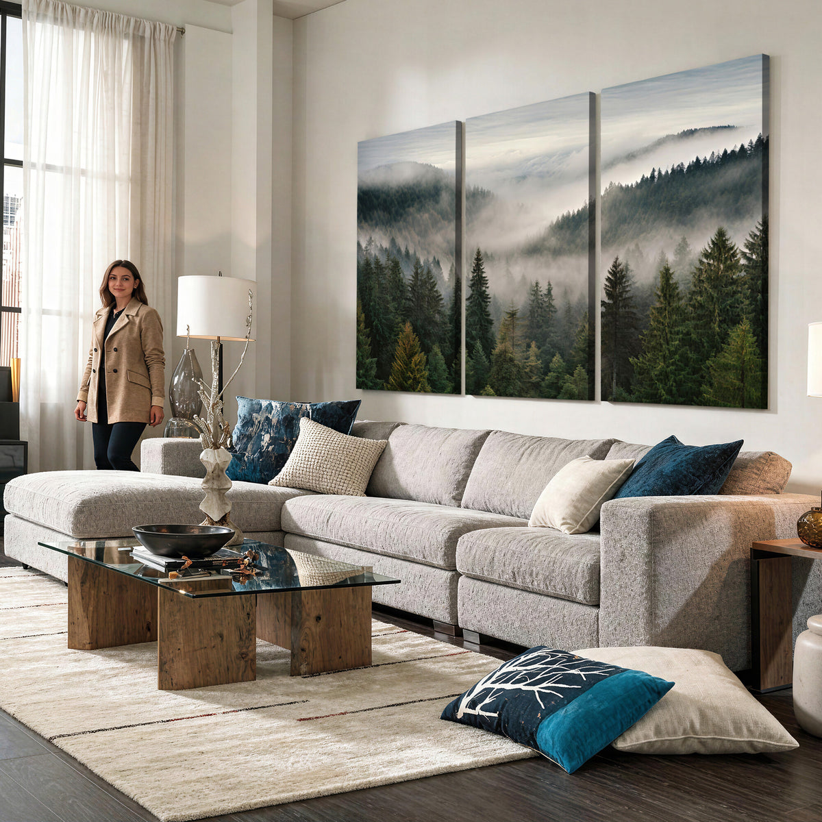 38409495-_Poster-30x20 - Misty Pine Valley Mountain Canvas Print 3 Piece Framed Wall Art Extra Large Floating Frame Nature Poster Made in USA
