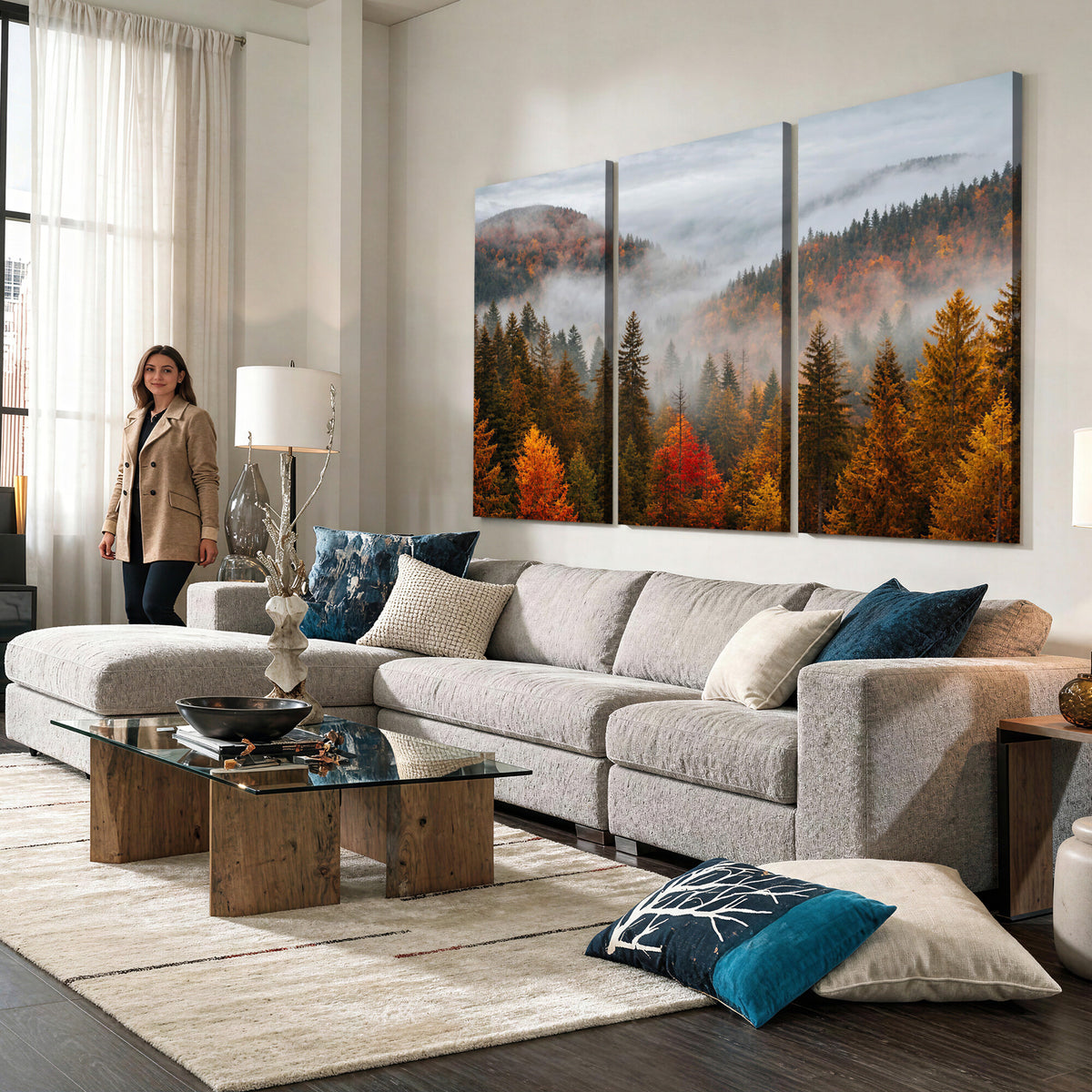 87481341-_Poster-30x20 - Foggy Autumn Mountain Canvas Print Smoky Pine Forest Wall Art Panoramic Nature Poster 3 Piece Made in USA