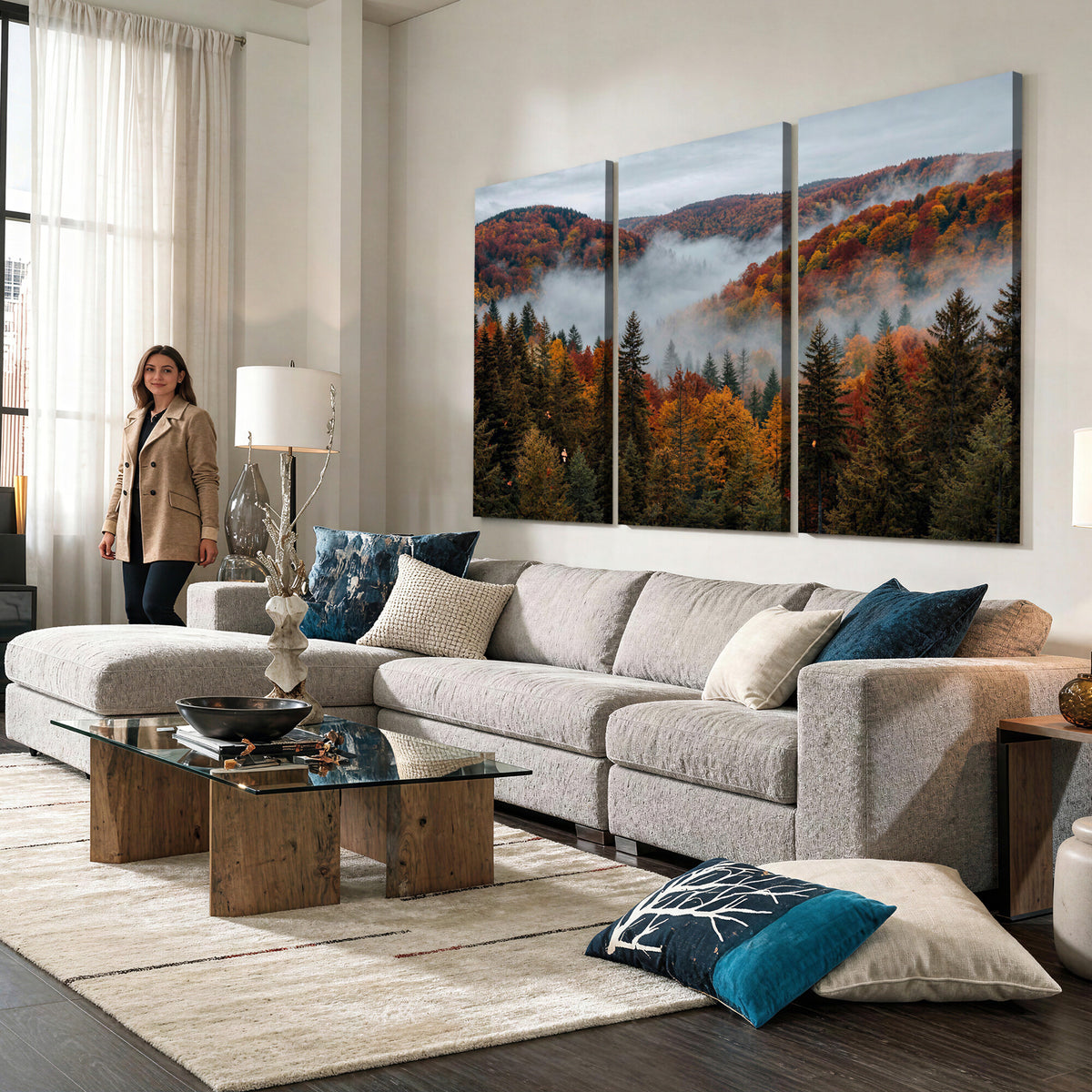 26686263-_Poster-30x20 - Misty Autumn Forest Mountain Canvas Print 3 Panel Wall Art Gallery Wrapped Floating Frame Poster Made in USA