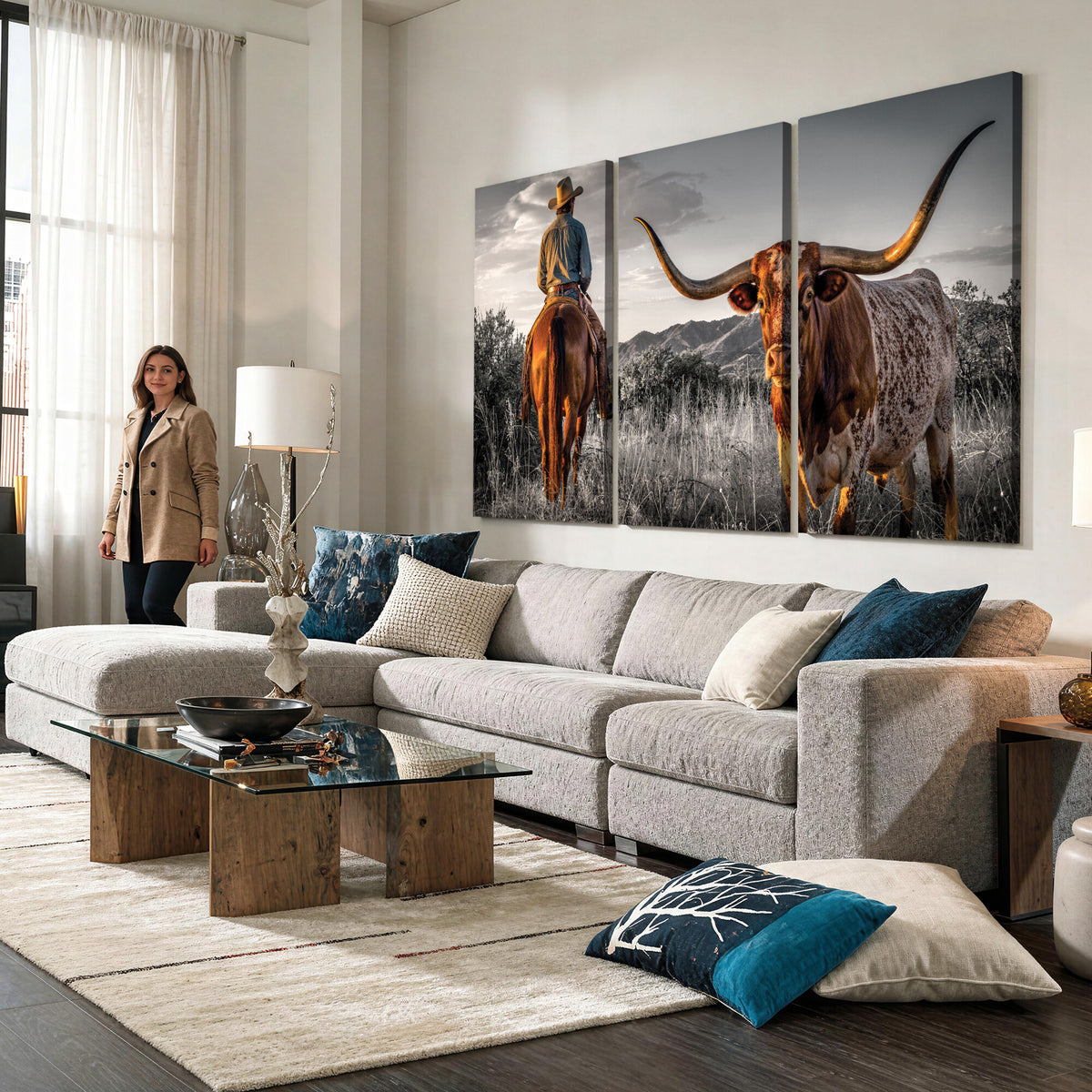 11335499-MGV-CV-60X30-3P - Texas Longhorn Cowboy Horse Fine Art Canvas Print Western Wall Decor Poster Country Landscape Painting