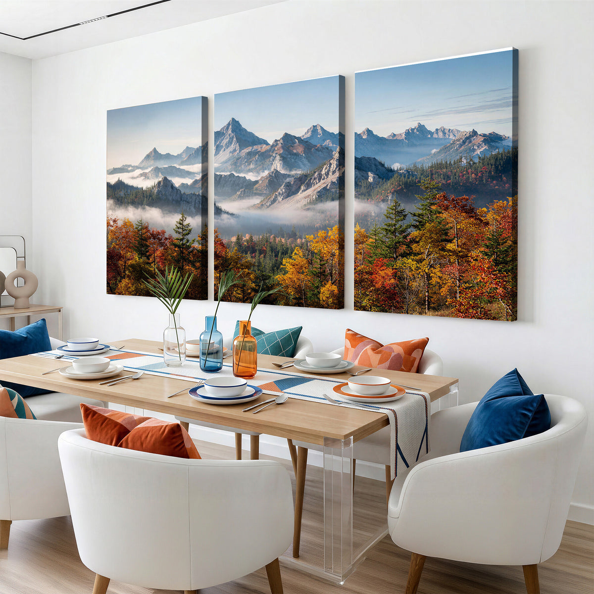 38847944-MGV-TP-30X20 - Majestic Mountain Peak Canvas Wall Art - Panoramic Autumn Forest Fog Landscape Print
