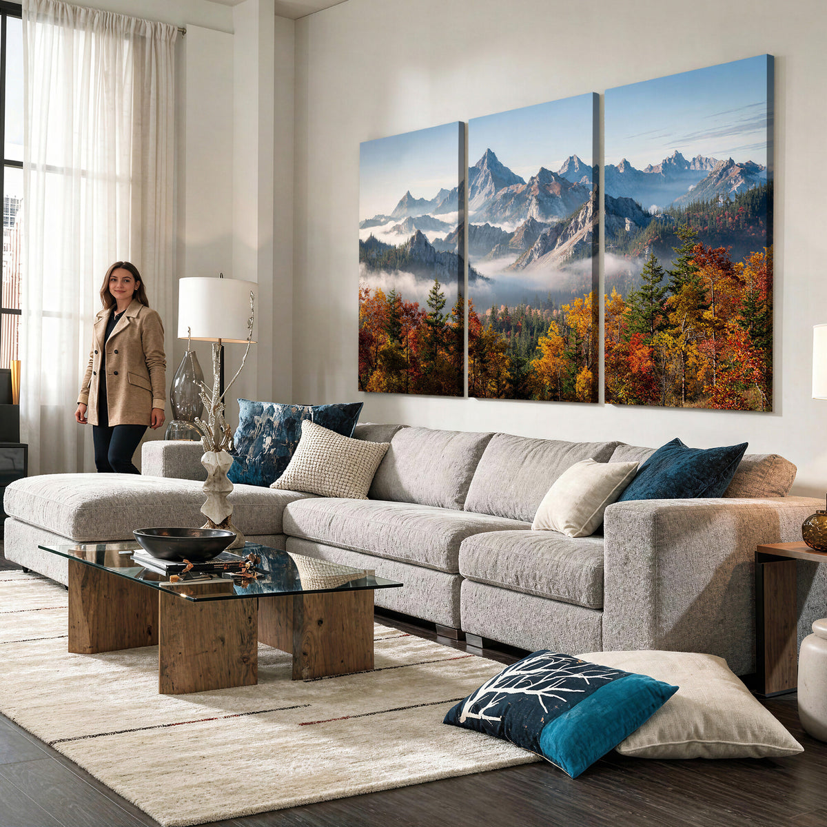 38847944-MGV-TP-30X20 - Majestic Mountain Peak Canvas Wall Art - Panoramic Autumn Forest Fog Landscape Print