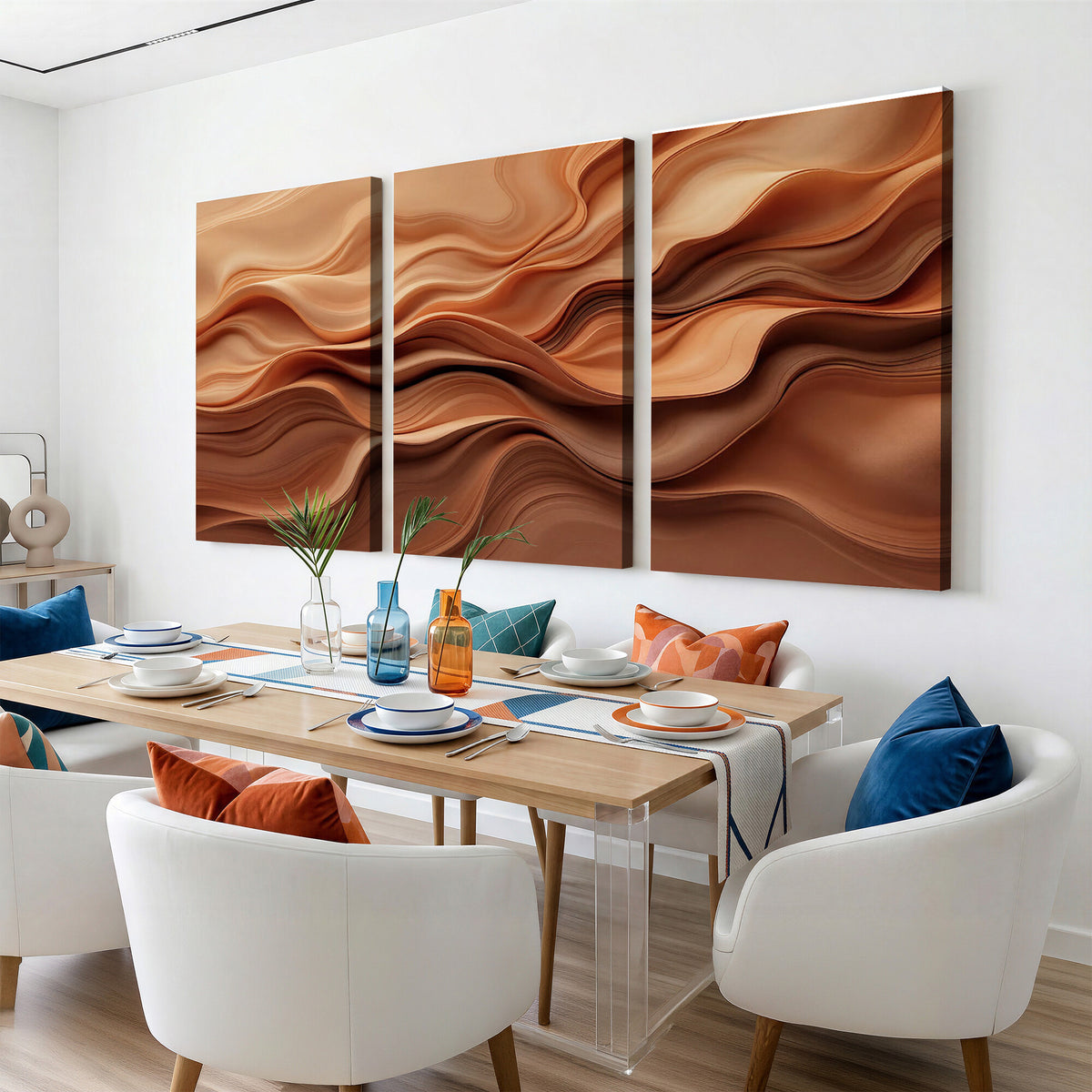 82230697-MGV-CV-36X24 - Modern Abstract Fluid Waves Canvas Wall Art - Minimalist Warm Terracotta Beige Sand Print