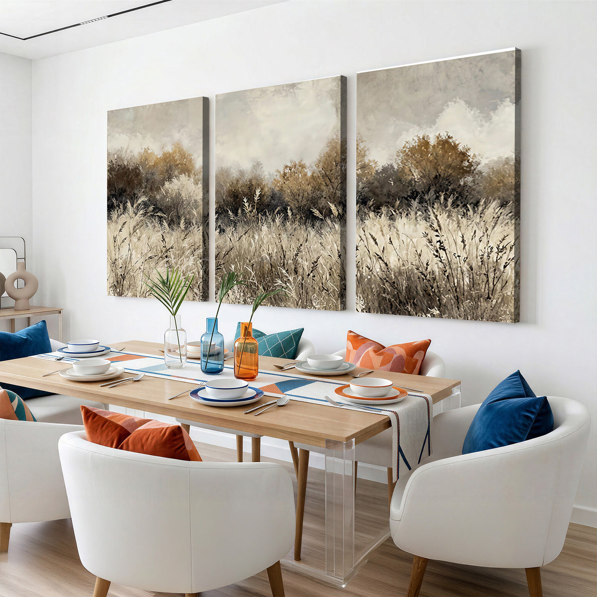 53959945-MGV-TP-30X20 - Muted Neutral Forest Landscape Canvas Wall Art - Vintage Rustic Wildflower Meadow Print