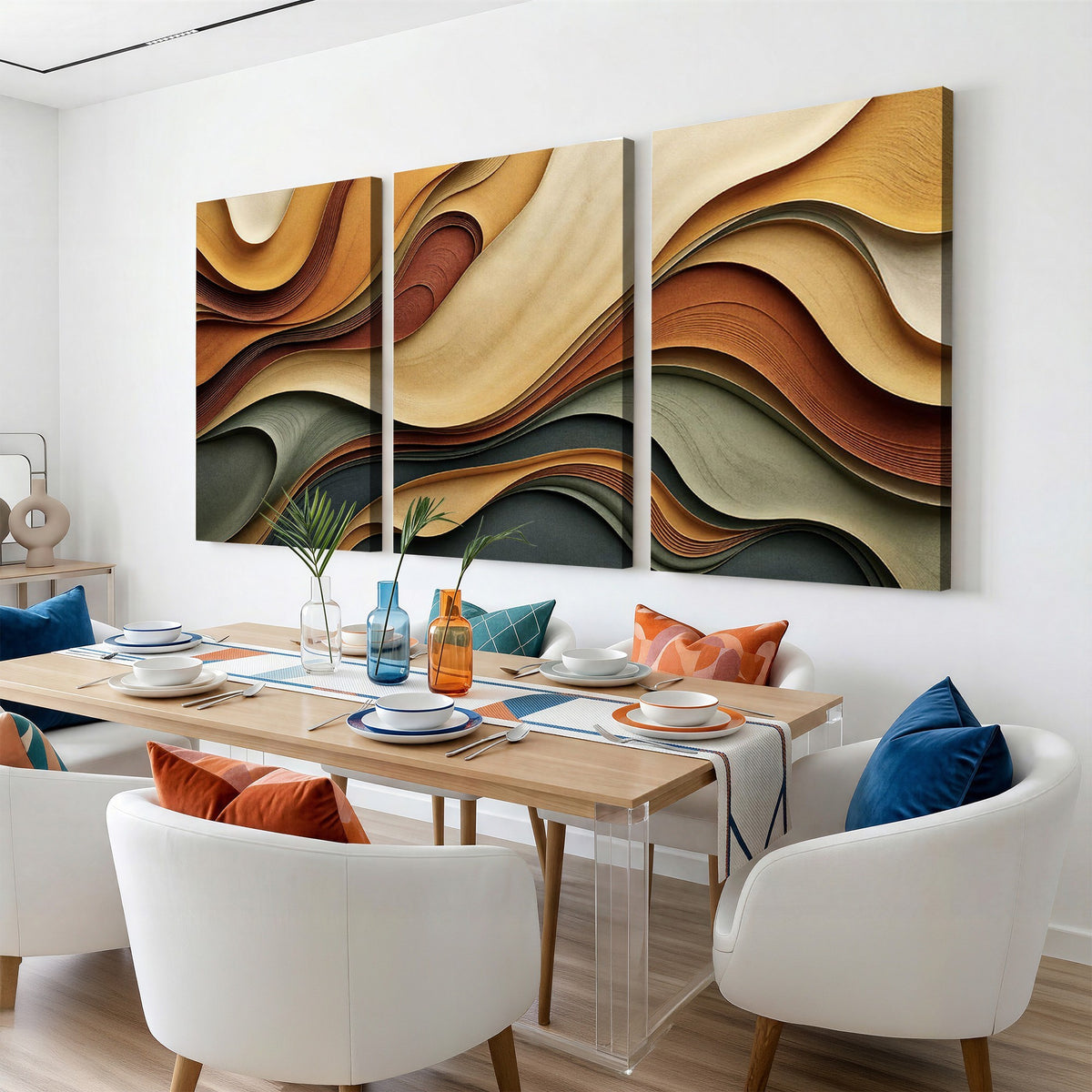 19337902-_Poster-30x20 - Modern Abstract Waves Canvas Wall Art - Minimalist Earthy Tone Living Room Decor