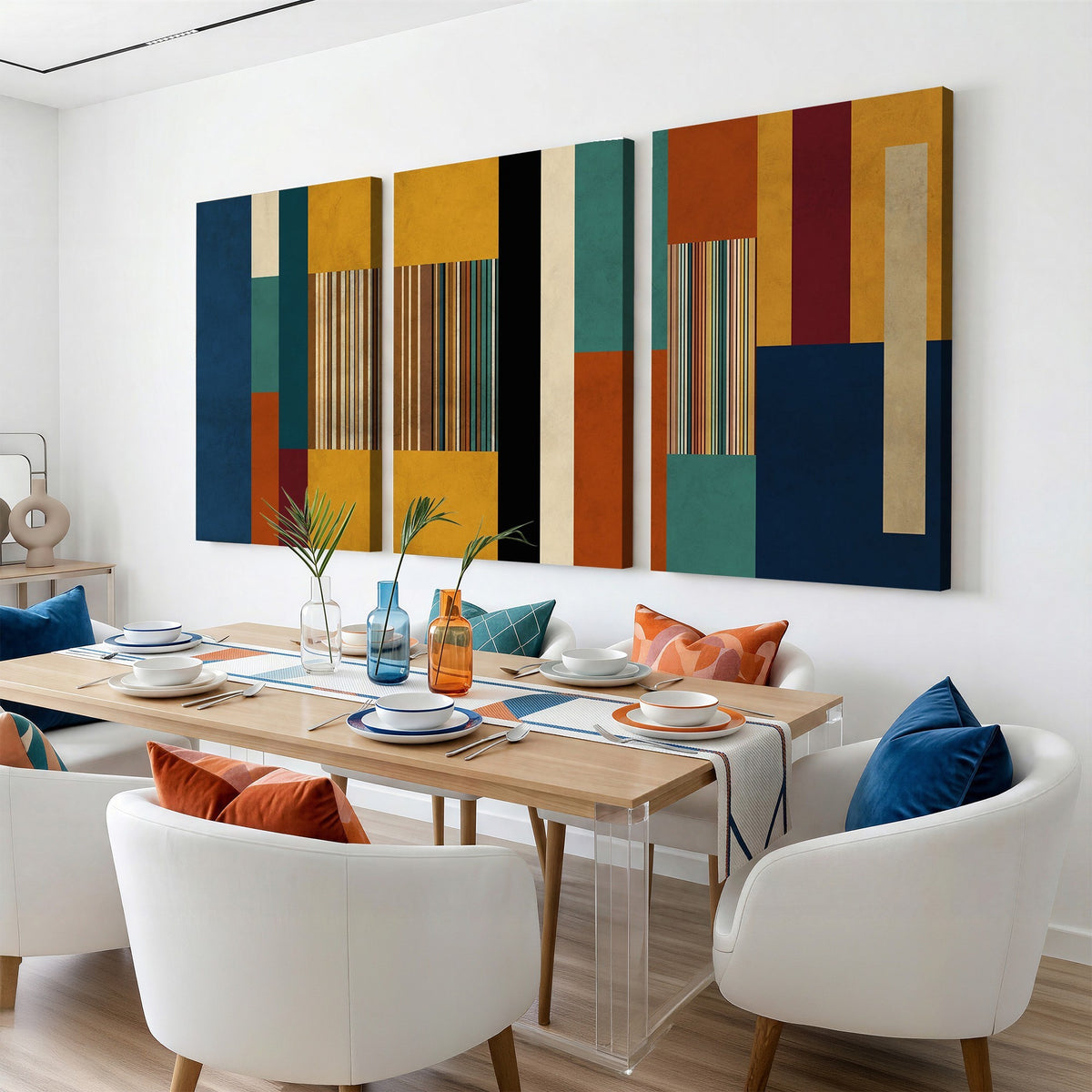 53992657-MGV-CV-48X32-3P - Mid Century Abstract Color Block Canvas Wall Art, Geometric Striped Canvas Print