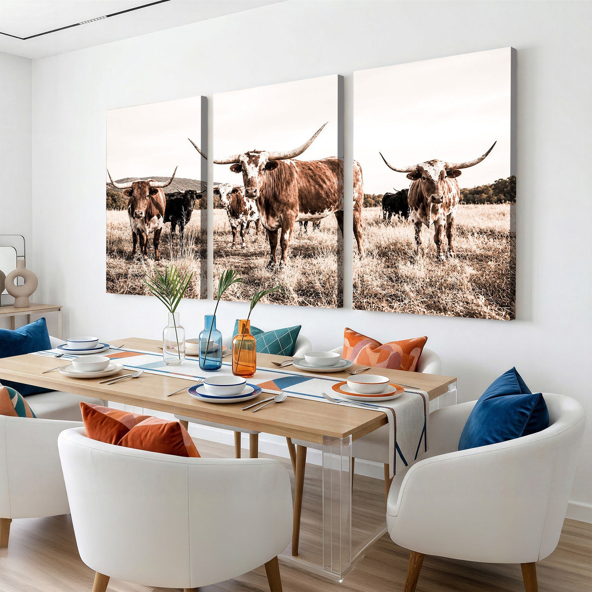25234808-MGV-CV-48X32-3P - Texas Longhorn Cattle Canvas Wall Art, Western Ranch Home Decor