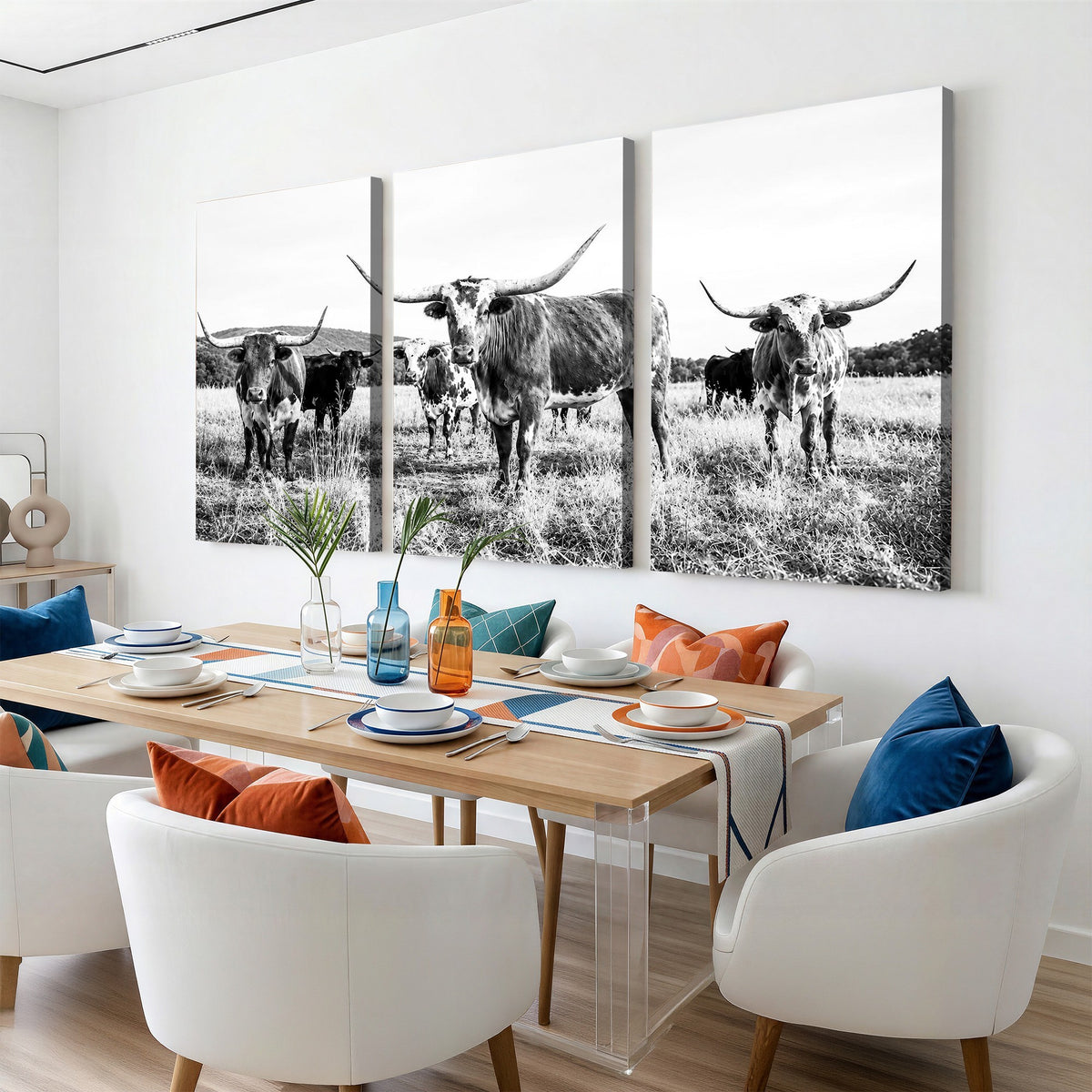 73228277-MGV-CV-48X32-3P - Black and White Longhorn Cattle Canvas Print, Western Ranch Wall Decor