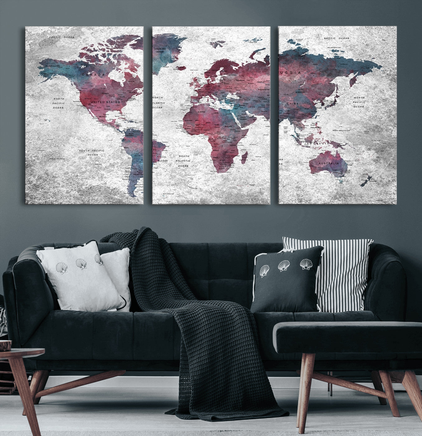 38212-MGV-CV-60X30-3P-Modern Red and Gray World Map Canvas Print – Framed Push Pin Wall Art for Couples, Contemporary Travel Map Artwork for Home and Office Decor