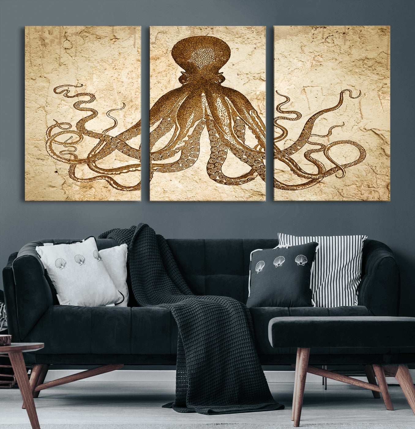 96154-MGV-CV-60X30-3P-Sepia Octopus Wall Art Abstract Animal Canvas Print