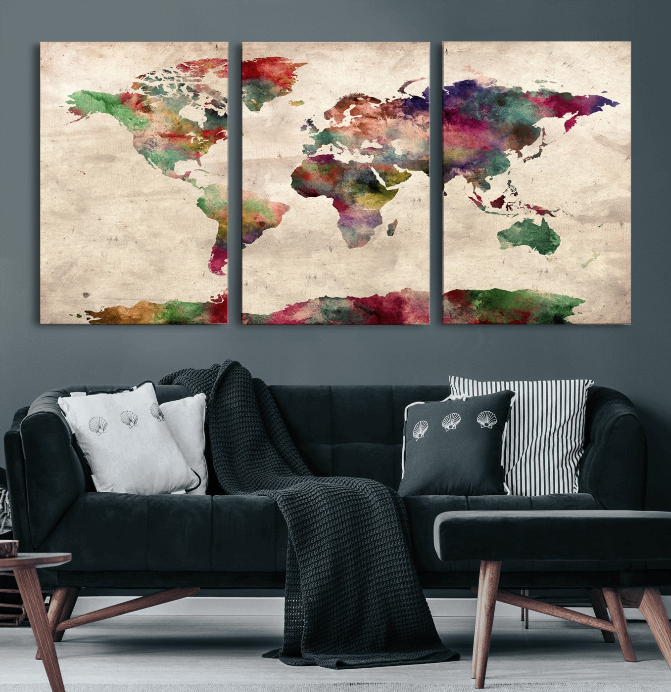 69476-MGV-CV-60X30-3P-Watercolor World Map Canvas Print – Framed Push Pin Wall Art for Couples, Colorful Travel Map Artwork for Elegant Home and Office Decor