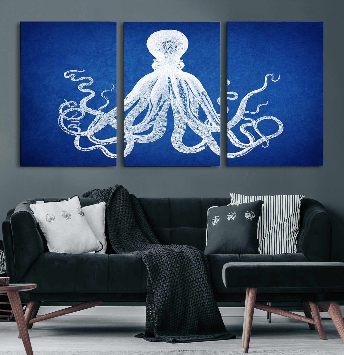 67315-MGV-CV-60X30-3P-Large 3-Panel Blue Octopus Canvas Wall Art | Coastal Marine Life Artwork for Living Room, Bedroom,