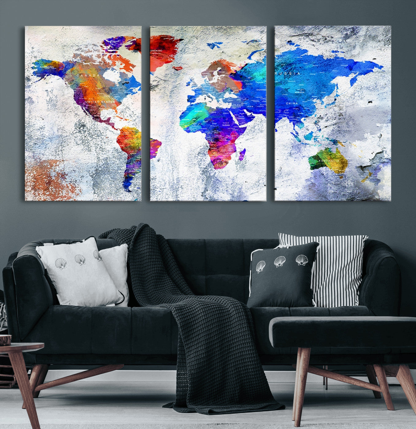 27352-MGV-CV-36X24-World Map Canvas Print – Colorful Abstract Push Pin Travel Map, Framed Wall Art for Home or Office Decor