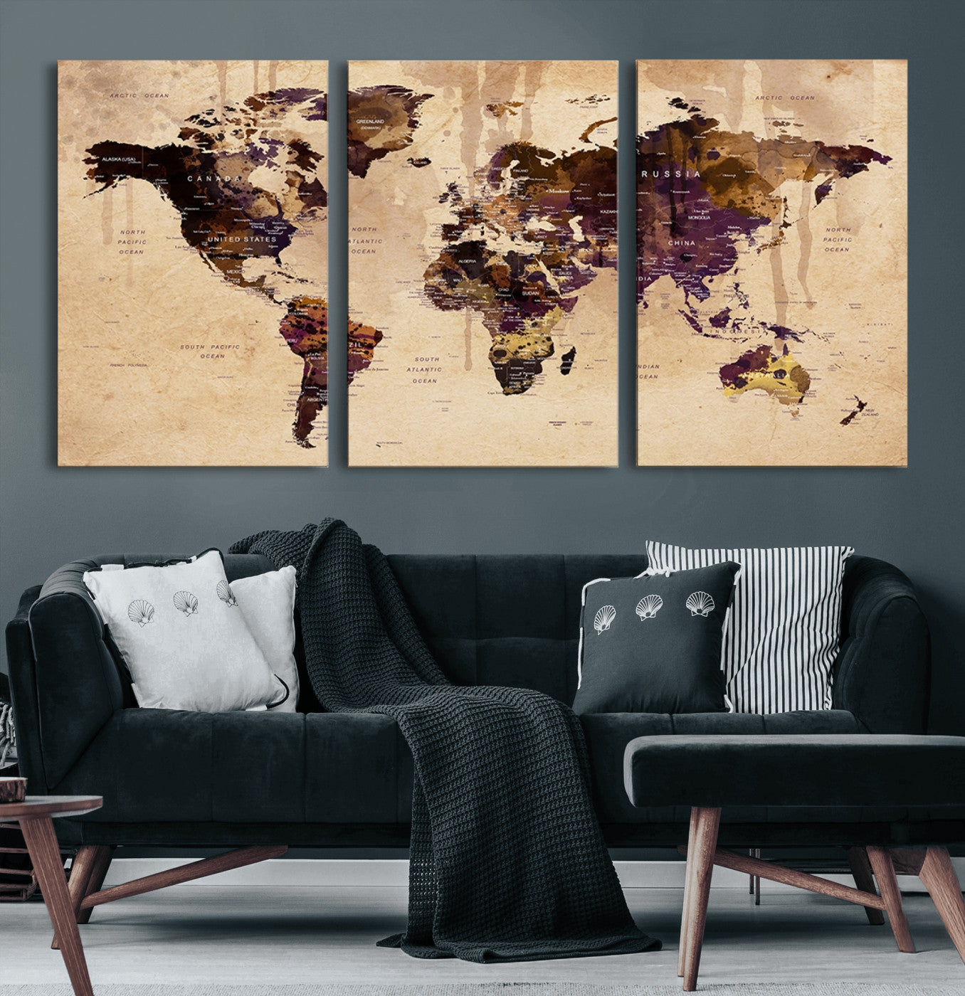 47333-MGV-CV-60X30-3P-Vintage World Map Canvas Wall Art – Framed Push Pin Travel Map for Home and Office Decor