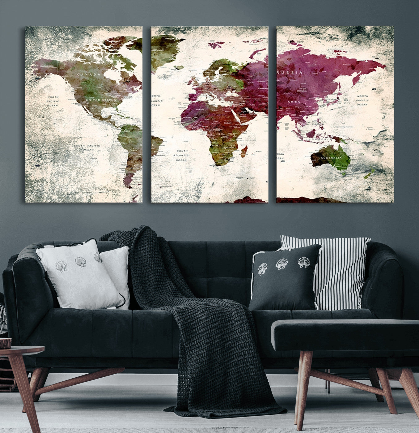 39882-MGV-CV-60X30-3P-Vintage Watercolor Push Pin World Map Canvas – Framed Travel Wall Art for Home and Office Decor