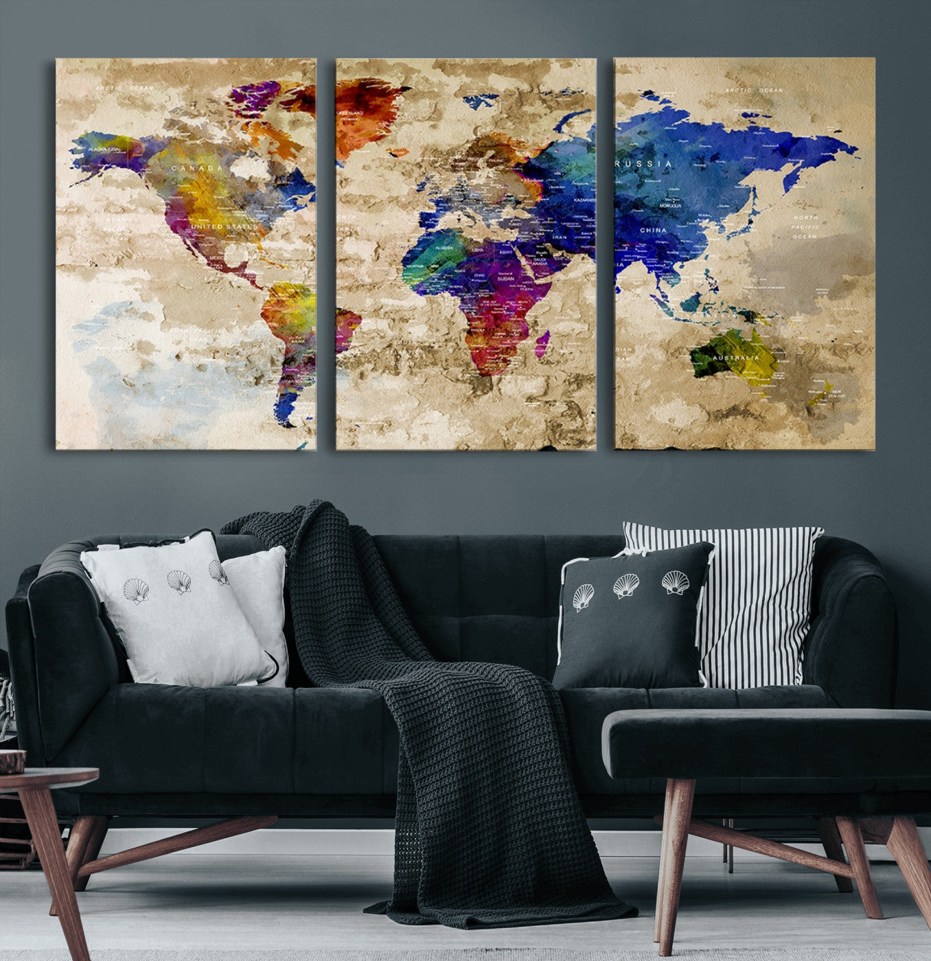 92939-MGV-CV-60X30-3P-Colorful World Map Canvas Wall Art – Abstract Watercolor Map Print, Modern Travel Decor for Home Office or Study