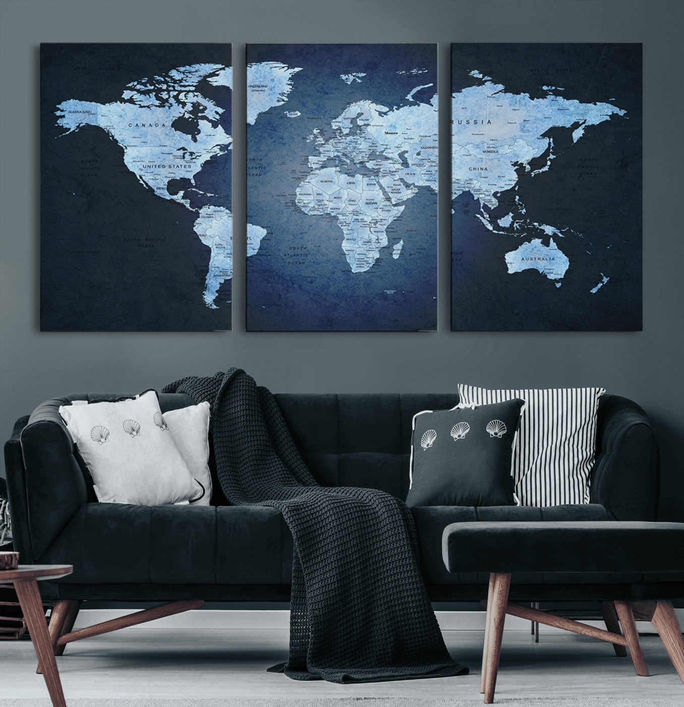 26249-MGV-CV-36X24-Blue World Map Canvas Wall Art – Framed Modern Push Pin Travel Map for Home and Office Decor, Elegant Navy Global Wall Artwork for Travelers