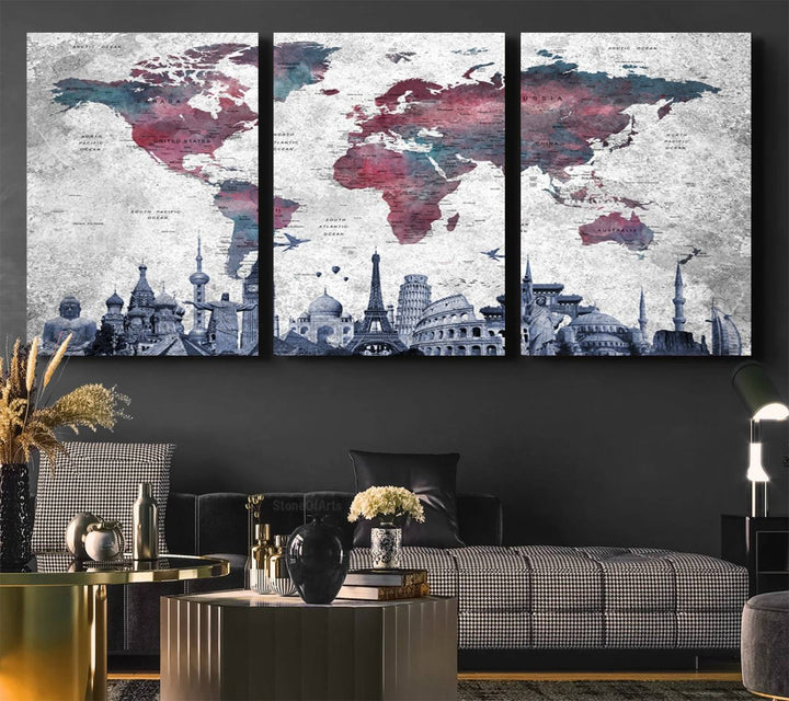 The dining room features a Blue Multipanel World Map Wall Art Canvas Print that adorns the wall, highlighting its neutral decor.