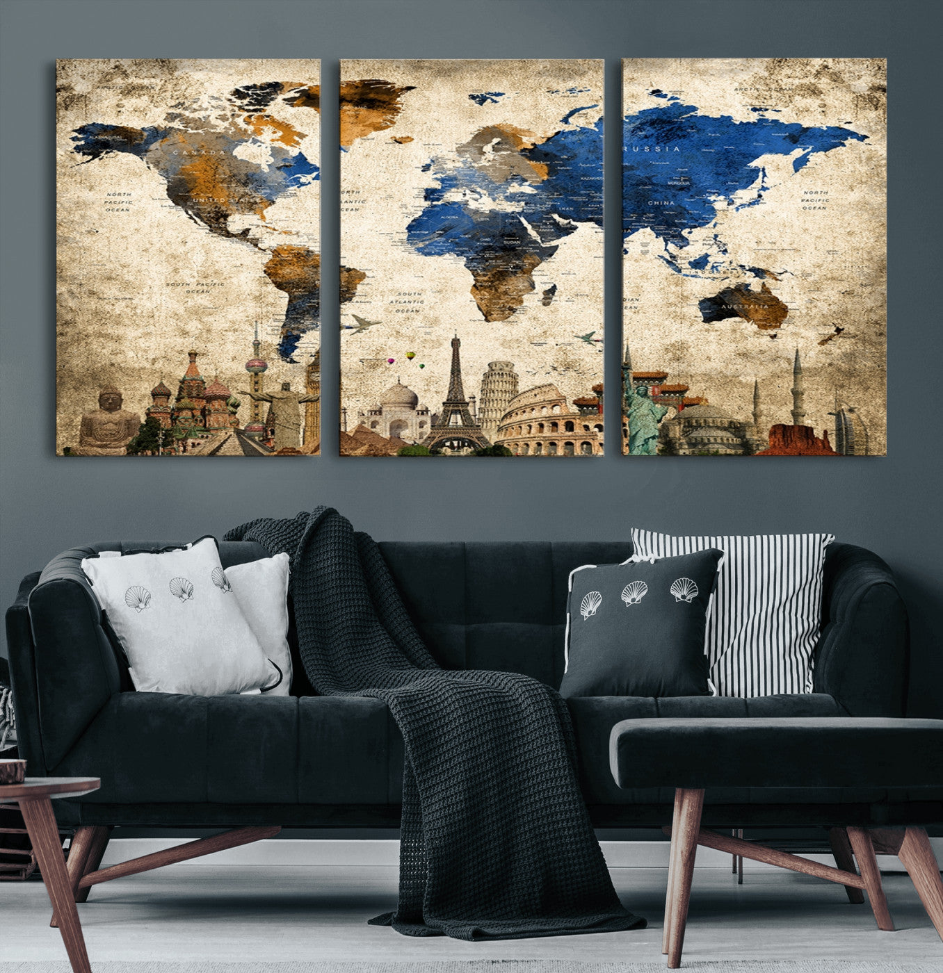 20261-MGV-CV-60X30-3P-World Map Canvas Print – Vintage Blue and Gold World Map Wall Art, Framed Travel Inspired Decor for Living Room or Office