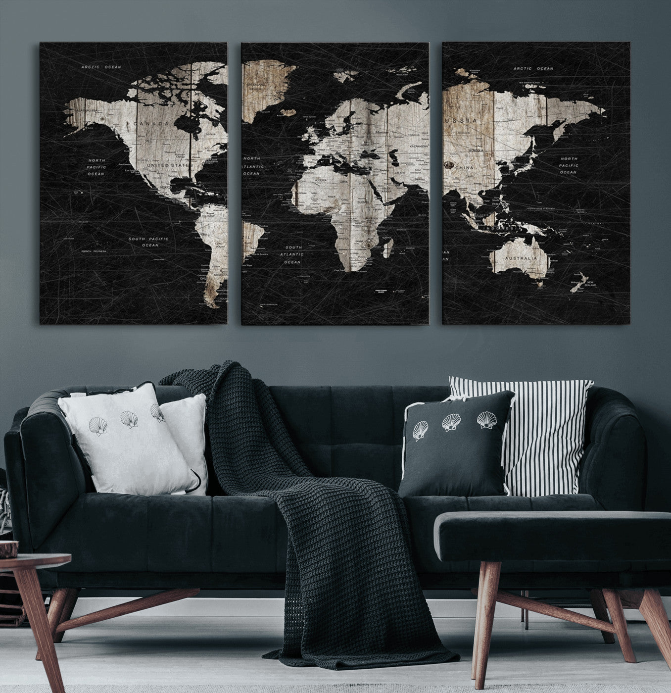 89998-MGV-CV-36X24-Rustic Black and Wood World Map Canvas Wall Art – Framed Push Pin Travel Map for Home and Office Decor, Modern Vintage Wall Artwork
