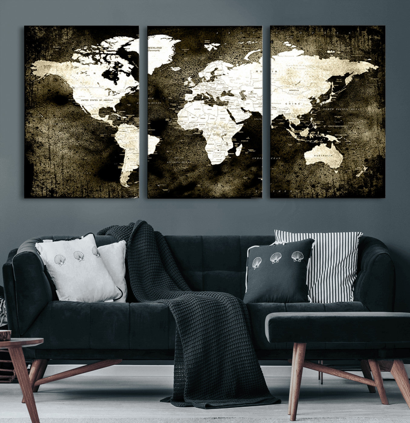 66737-MGV-CV-60X30-3P-Vintage World Map Canvas Wall Art – Framed Push Pin Travel Map for Home and Office Decor, Rustic Wall Artwork for Travelers