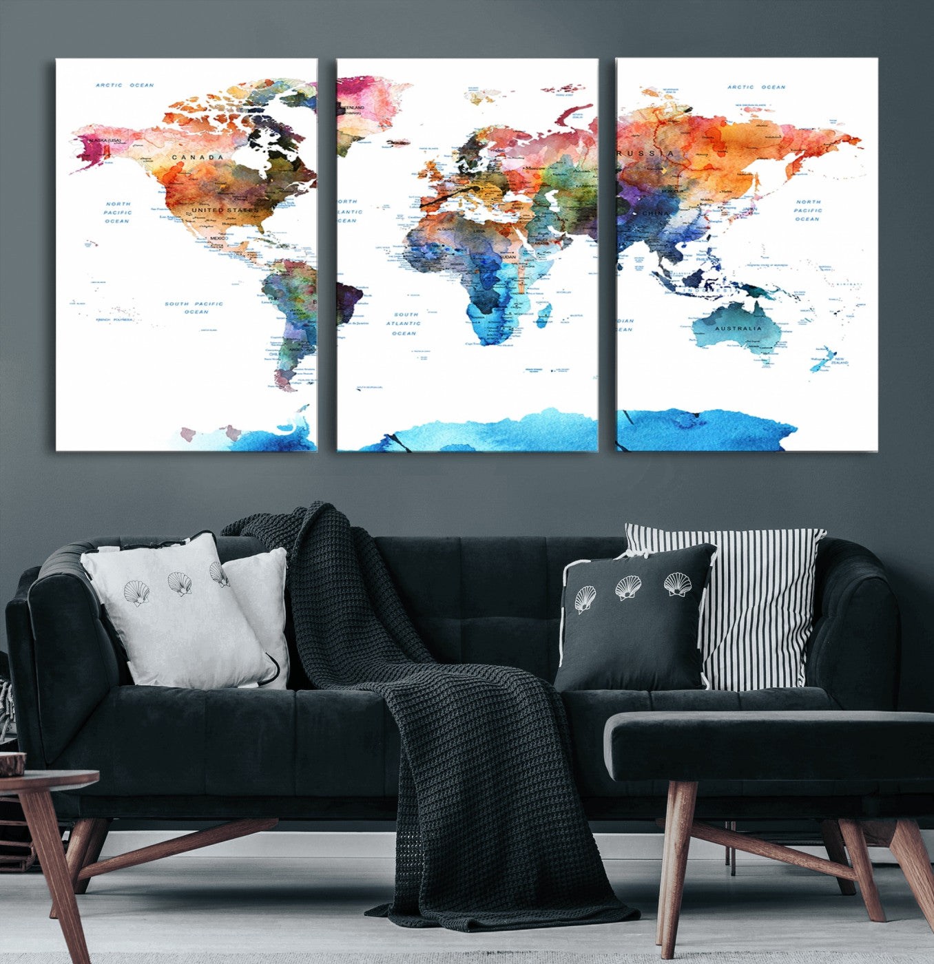 11576-MGV-CV-60X30-3P-Vibrant Watercolor World Map Canvas Wall Art – Framed Push Pin Travel Map for Home and Office Decor, Modern Colorful Wall Artwork