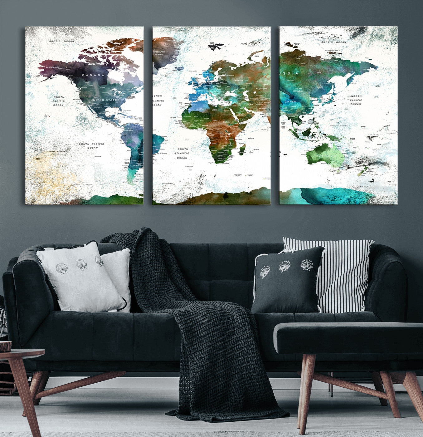 13140-MGV-CV-60X30-3P-Modern Watercolor World Map Canvas Wall Art – Framed Abstract Map Print, Contemporary Travel Artwork for Elegant Home and Office Decor